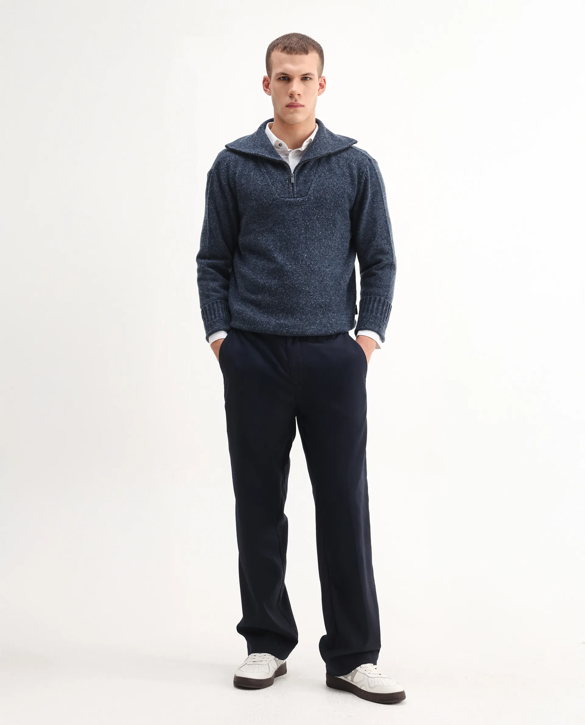 Rare Rabbit Men's Alfert Dusky Navy Polyester Plain Regular Fit Full Sleeve High Neck Sweater - Image 2
