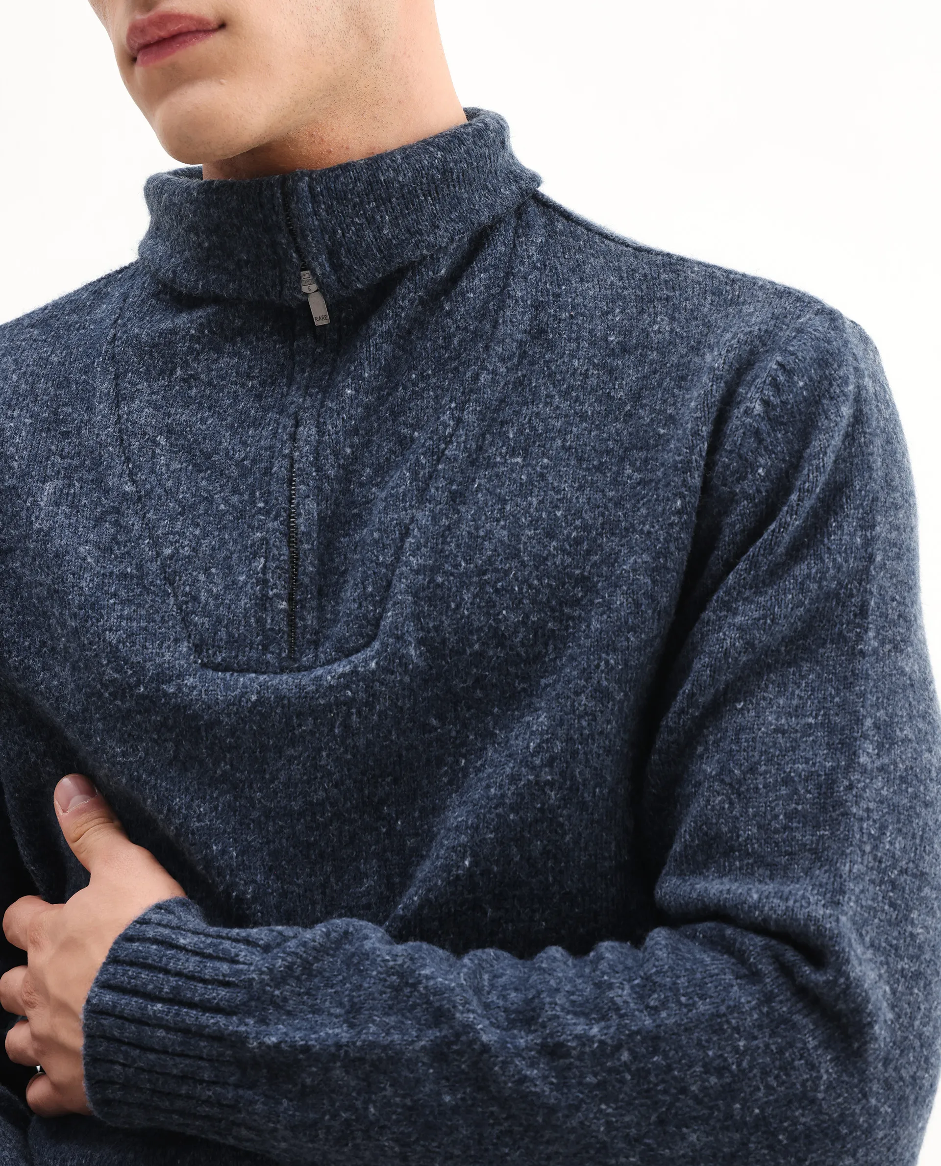 Rare Rabbit Men's Alfert Dusky Navy Polyester Plain Regular Fit Full Sleeve High Neck Sweater - Image 3