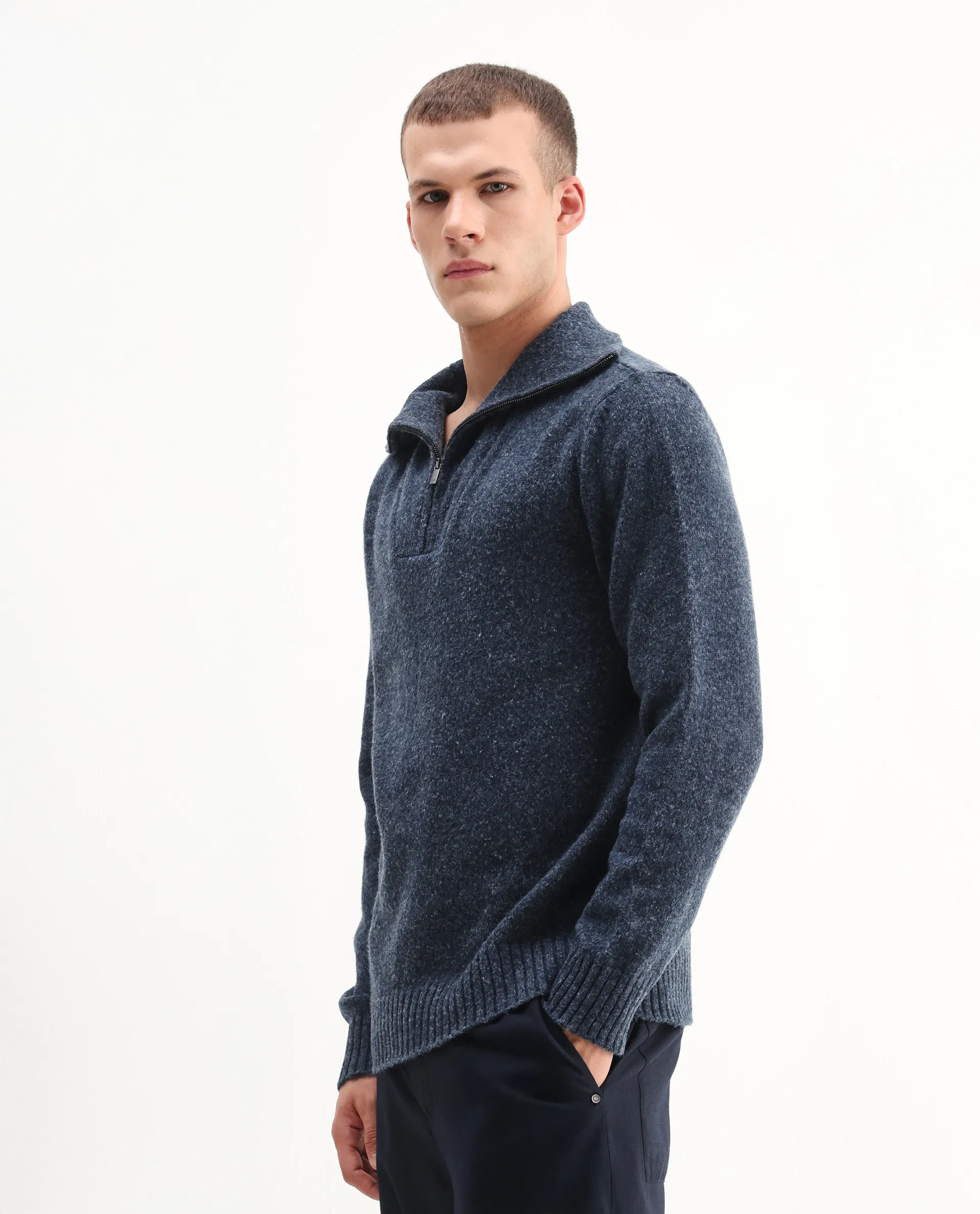 Rare Rabbit Men's Alfert Dusky Navy Polyester Plain Regular Fit Full Sleeve High Neck Sweater - Image 4