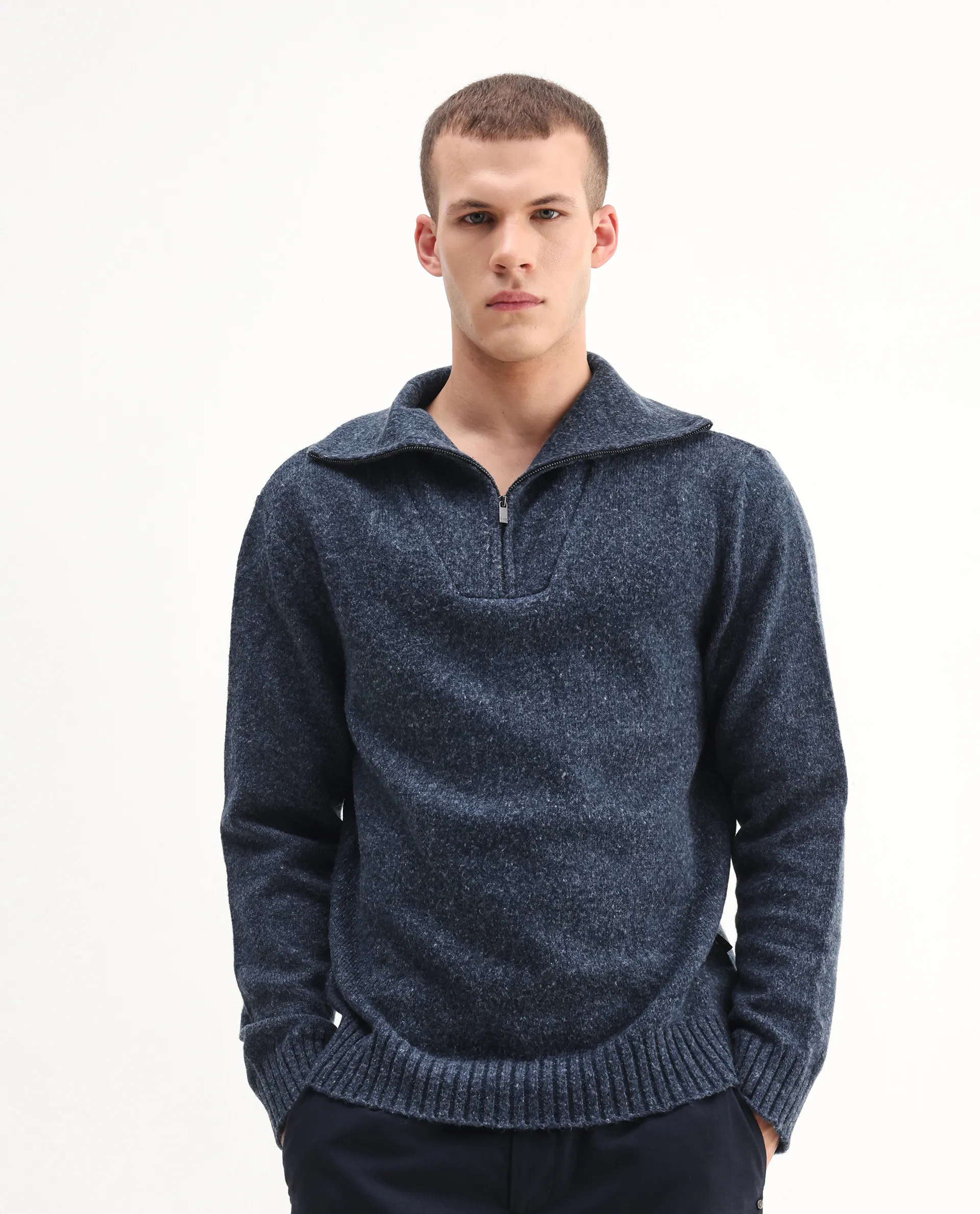 Rare Rabbit Men's Alfert Dusky Navy Polyester Plain Regular Fit Full Sleeve High Neck Sweater - Image 5