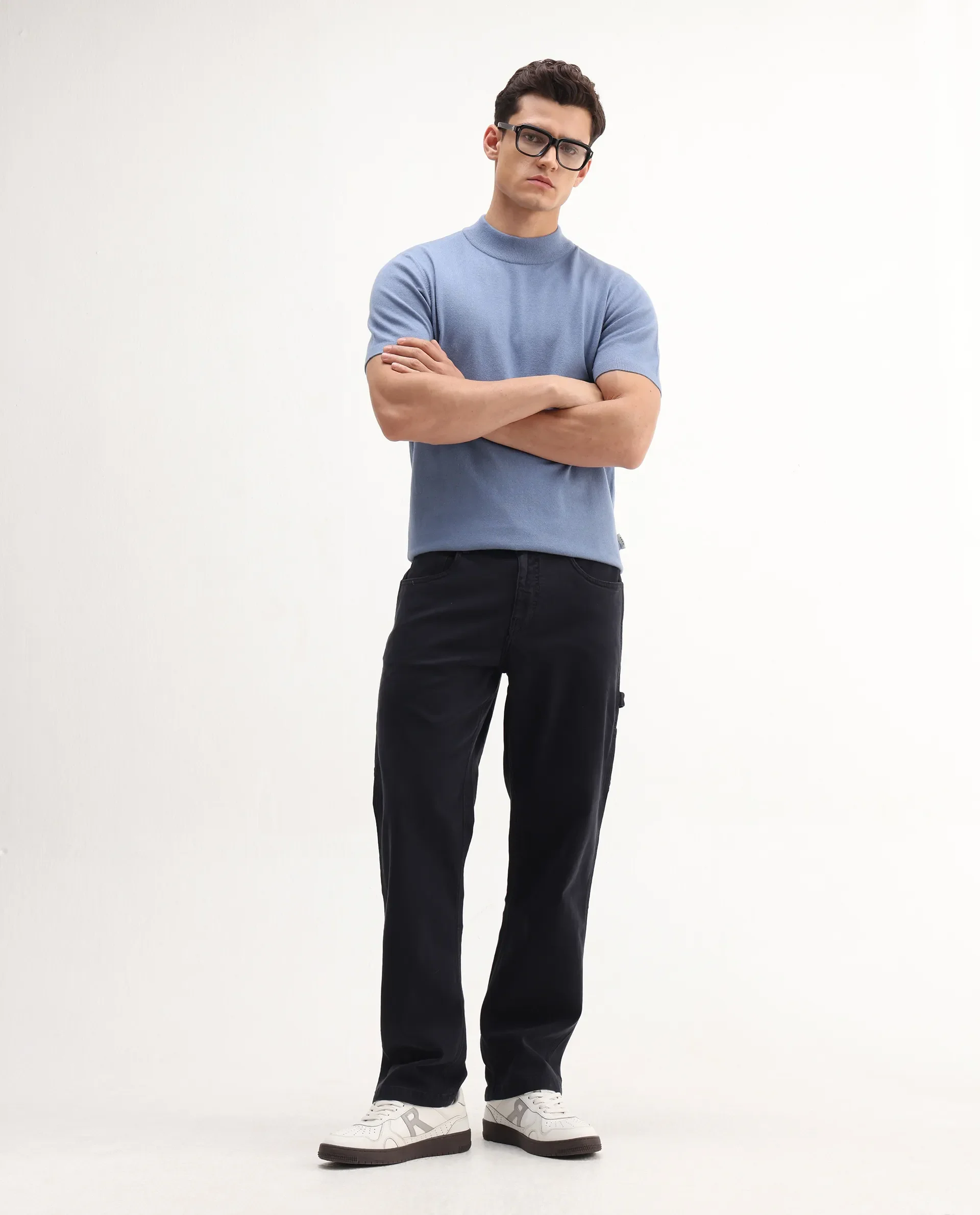 Rare Rabbit Men's Alfet-25 Dusky Blue Viscose Plain Regular Fit Half Sleeve High Neck T-Shirt - Image 2