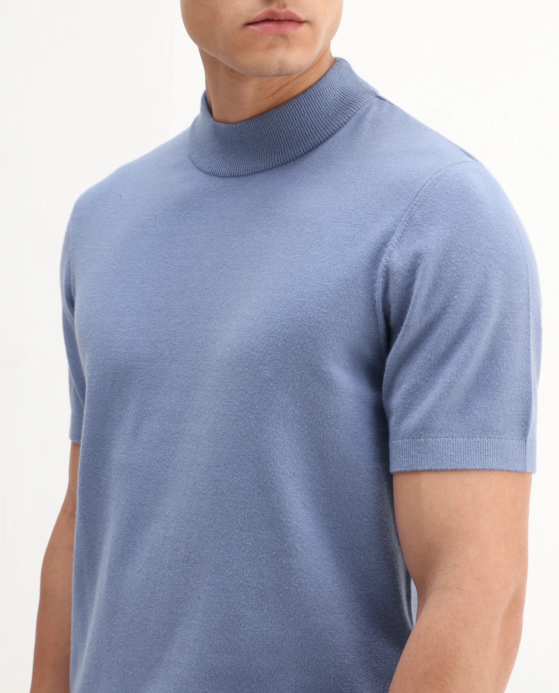 Rare Rabbit Men's Alfet-25 Dusky Blue Viscose Plain Regular Fit Half Sleeve High Neck T-Shirt - Image 3