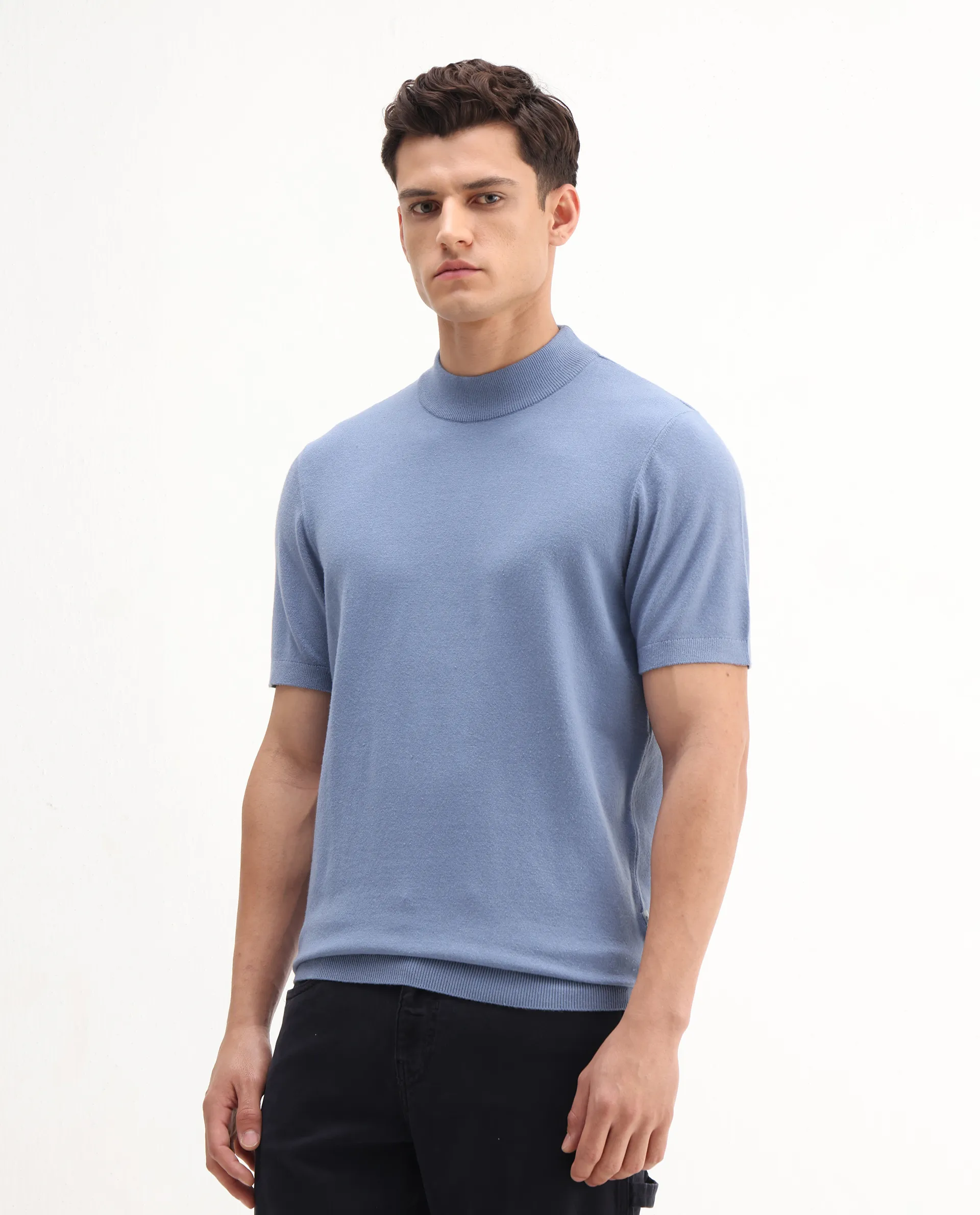 Rare Rabbit Men's Alfet-25 Dusky Blue Viscose Plain Regular Fit Half Sleeve High Neck T-Shirt - Image 4