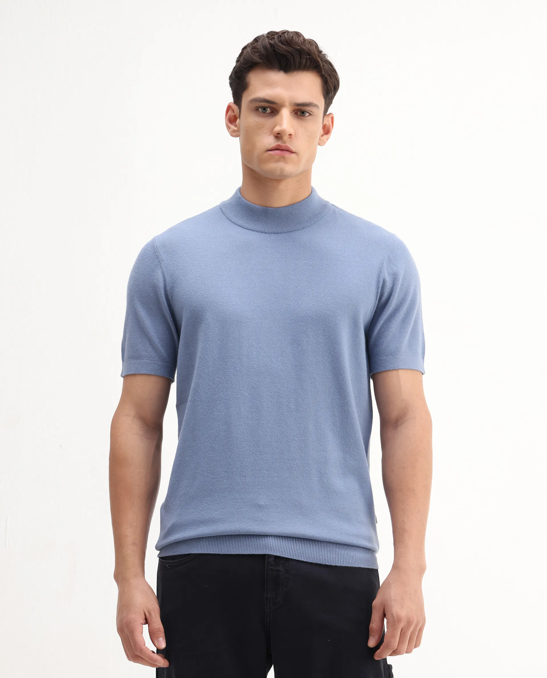 Rare Rabbit Men's Alfet-25 Dusky Blue Viscose Plain Regular Fit Half Sleeve High Neck T-Shirt - Image 5