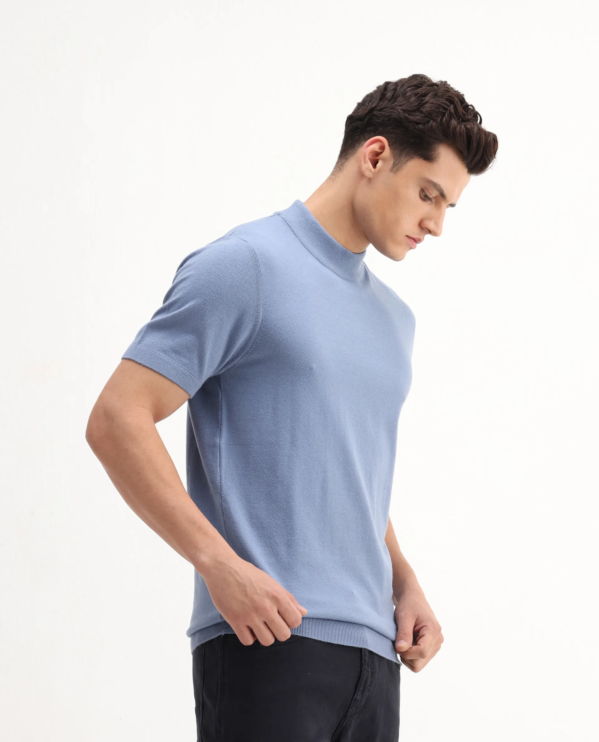 Rare Rabbit Men's Alfet-25 Dusky Blue Viscose Plain Regular Fit Half Sleeve High Neck T-Shirt - Image 6