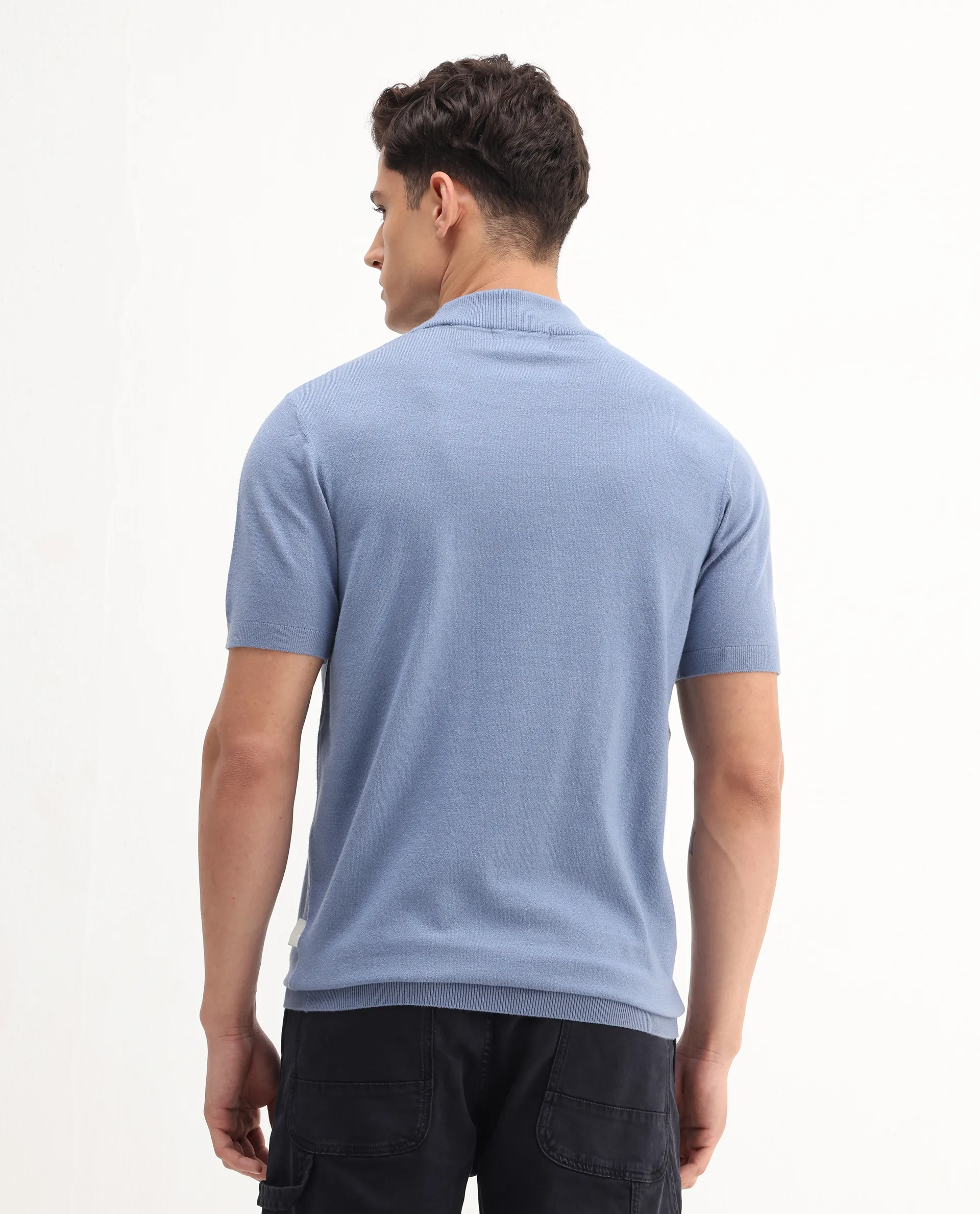 Rare Rabbit Men's Alfet-25 Dusky Blue Viscose Plain Regular Fit Half Sleeve High Neck T-Shirt - Image 7