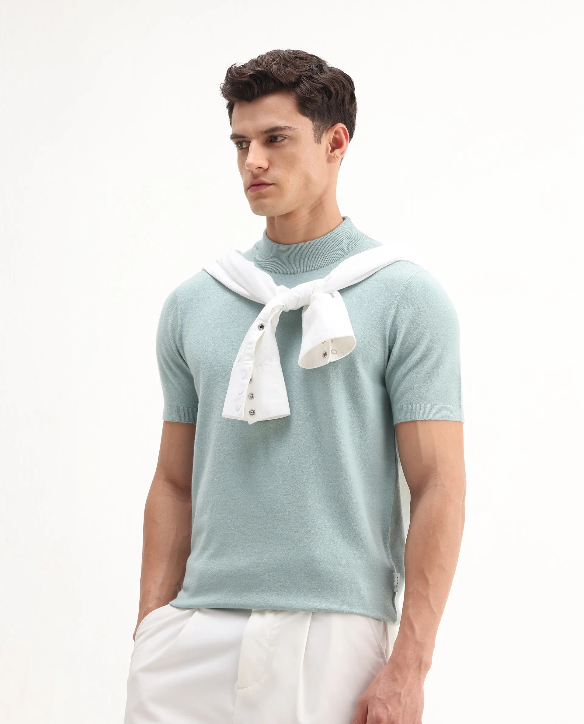 Rare Rabbit Men's Alfet-25 Dusky Green Viscose Plain Regular Fit Half Sleeve High Neck T-Shirt