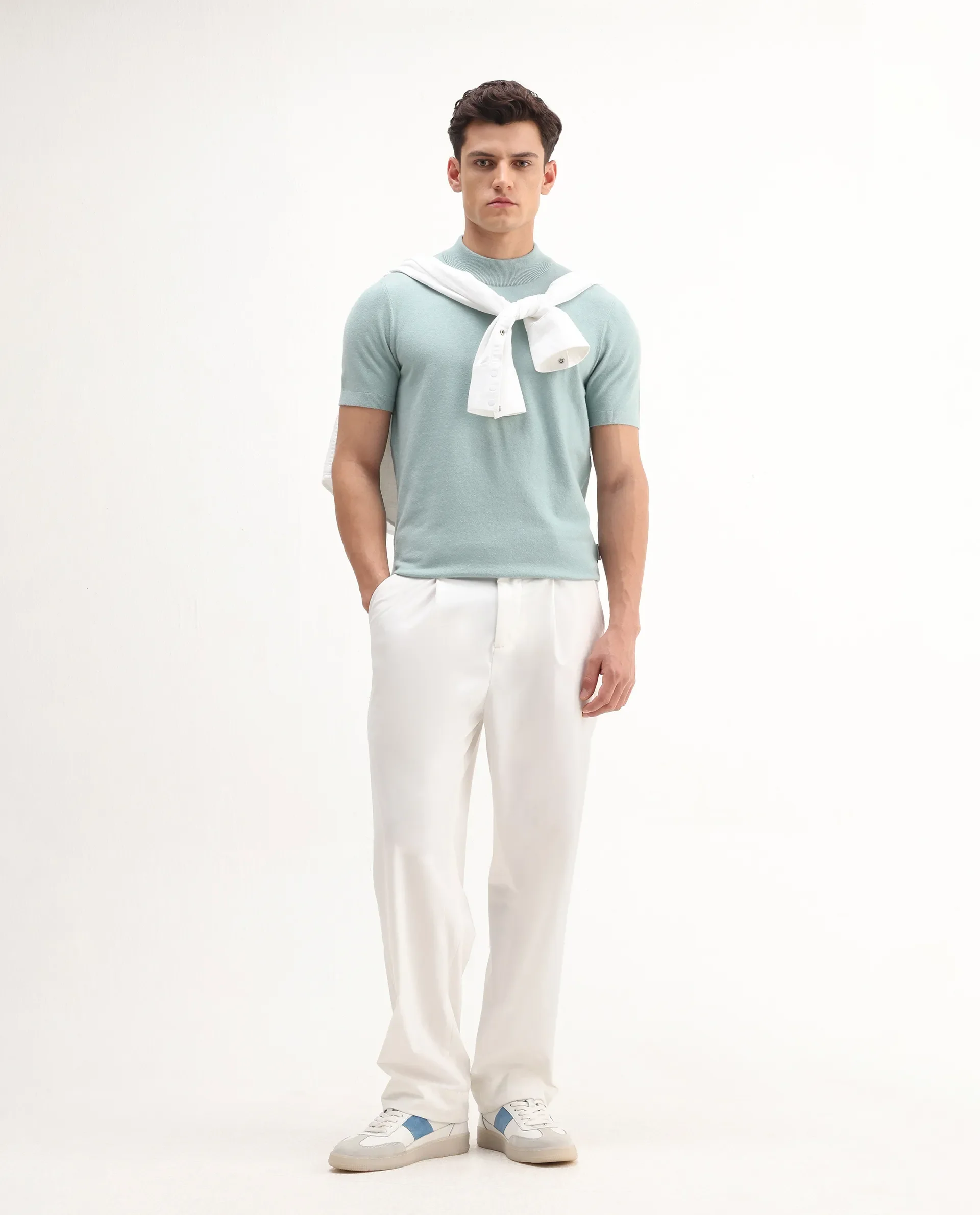 Rare Rabbit Men's Alfet-25 Dusky Green Viscose Plain Regular Fit Half Sleeve High Neck T-Shirt - Image 2