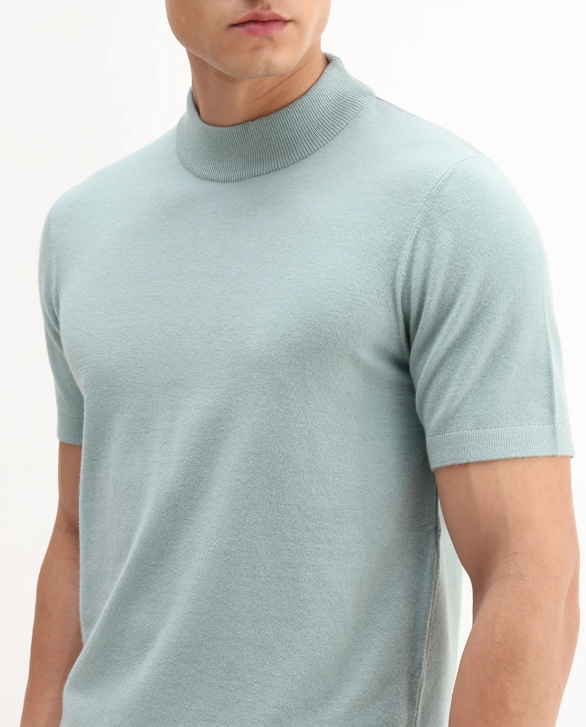 Rare Rabbit Men's Alfet-25 Dusky Green Viscose Plain Regular Fit Half Sleeve High Neck T-Shirt - Image 3