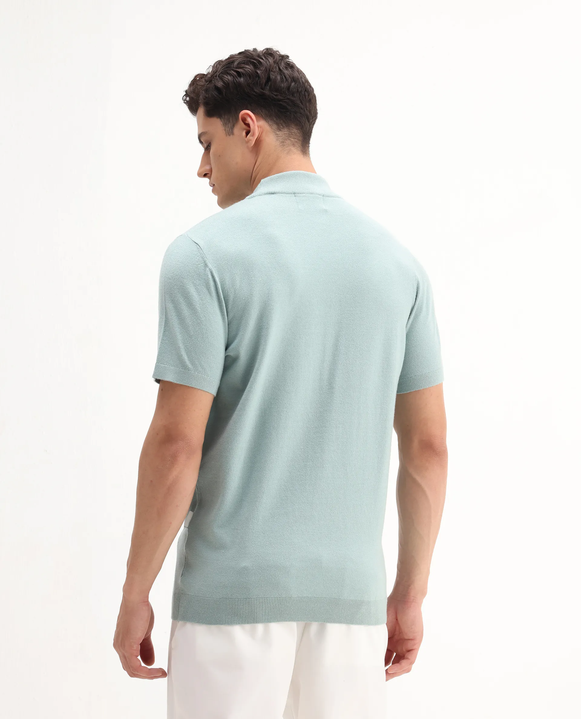 Rare Rabbit Men's Alfet-25 Dusky Green Viscose Plain Regular Fit Half Sleeve High Neck T-Shirt - Image 7