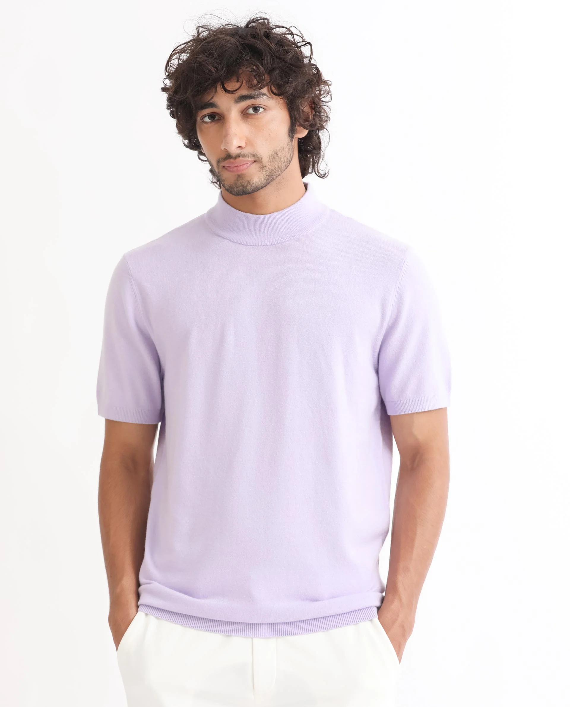 Rare Rabbit Men's Alfet Pastel Purple Viscose Plain Slim Fit Half Sleeve High Neck T-Shirt
