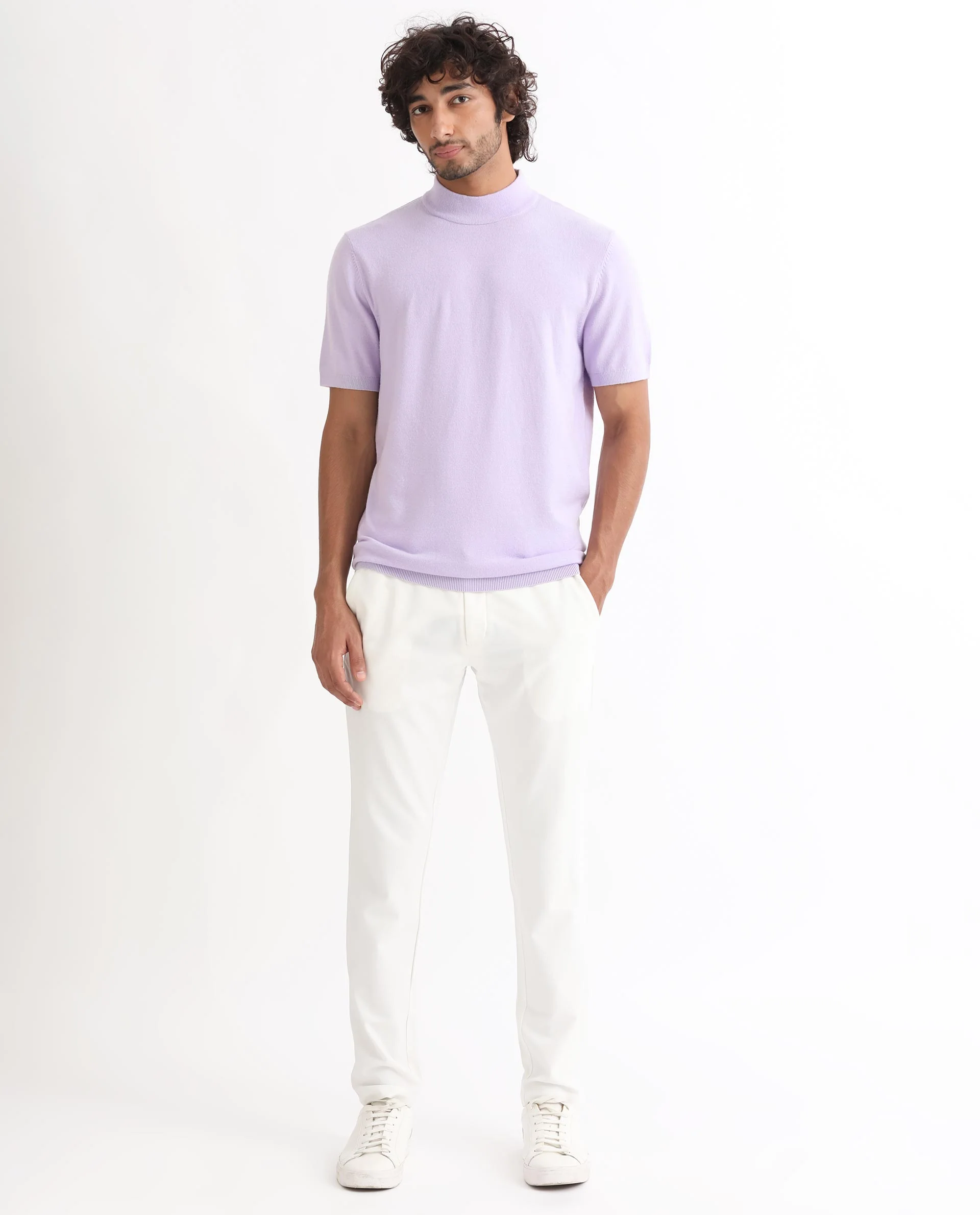 Rare Rabbit Men's Alfet Pastel Purple Viscose Plain Slim Fit Half Sleeve High Neck T-Shirt - Image 2