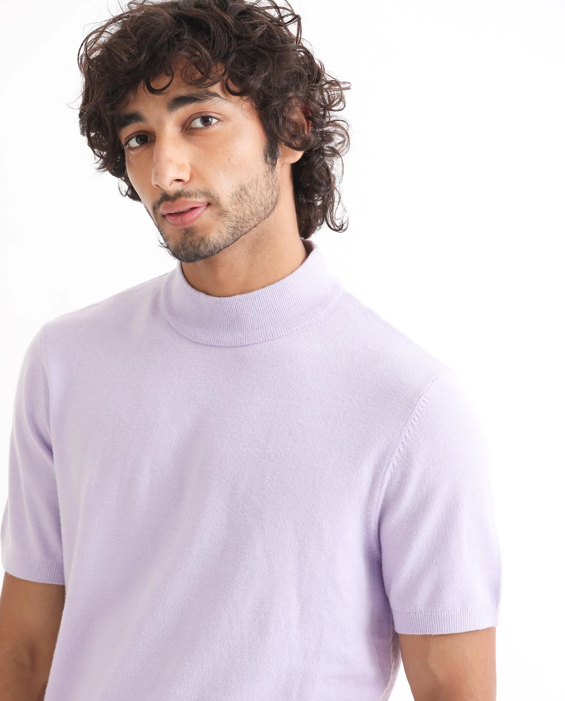 Rare Rabbit Men's Alfet Pastel Purple Viscose Plain Slim Fit Half Sleeve High Neck T-Shirt - Image 3