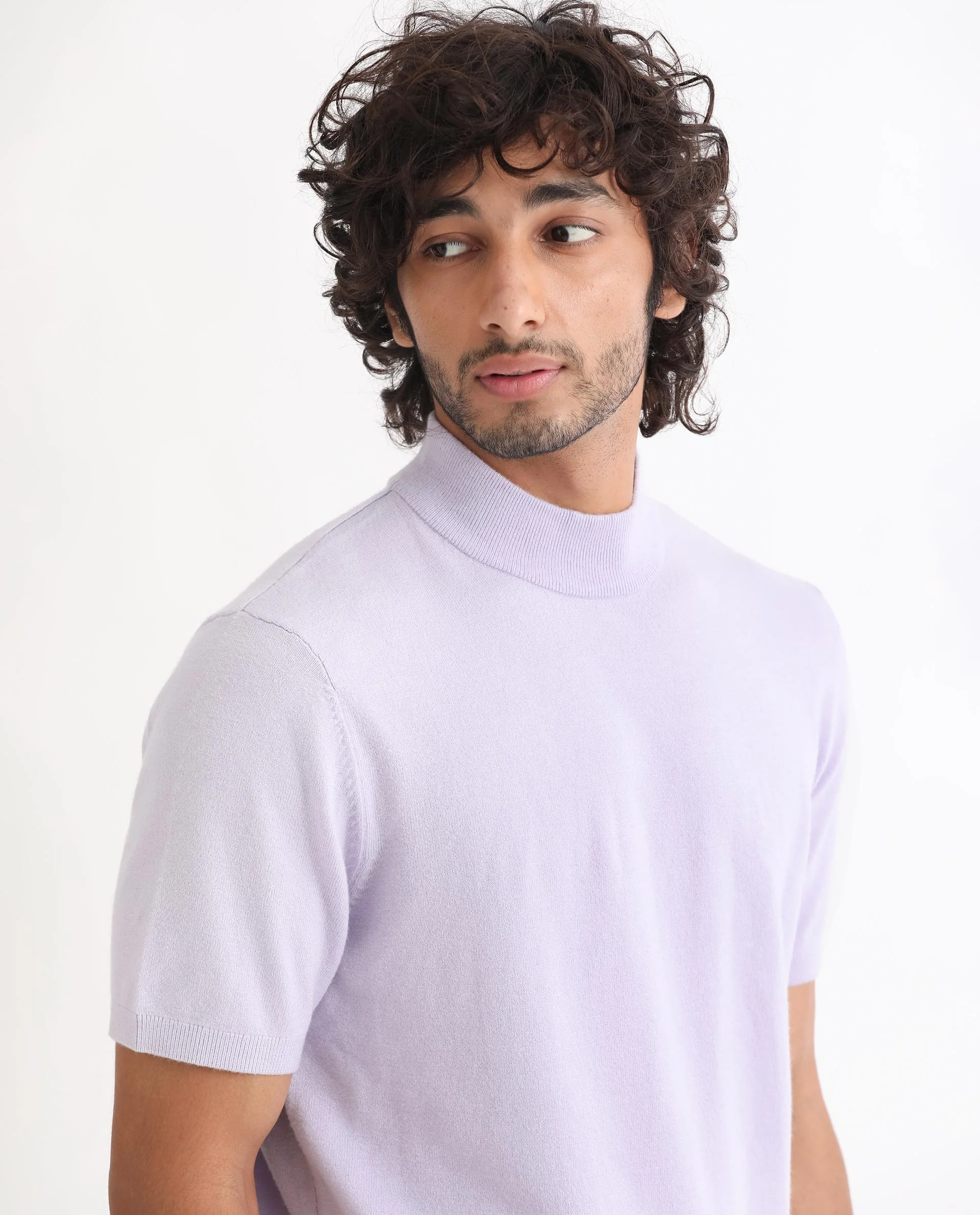 Rare Rabbit Men's Alfet Pastel Purple Viscose Plain Slim Fit Half Sleeve High Neck T-Shirt - Image 4