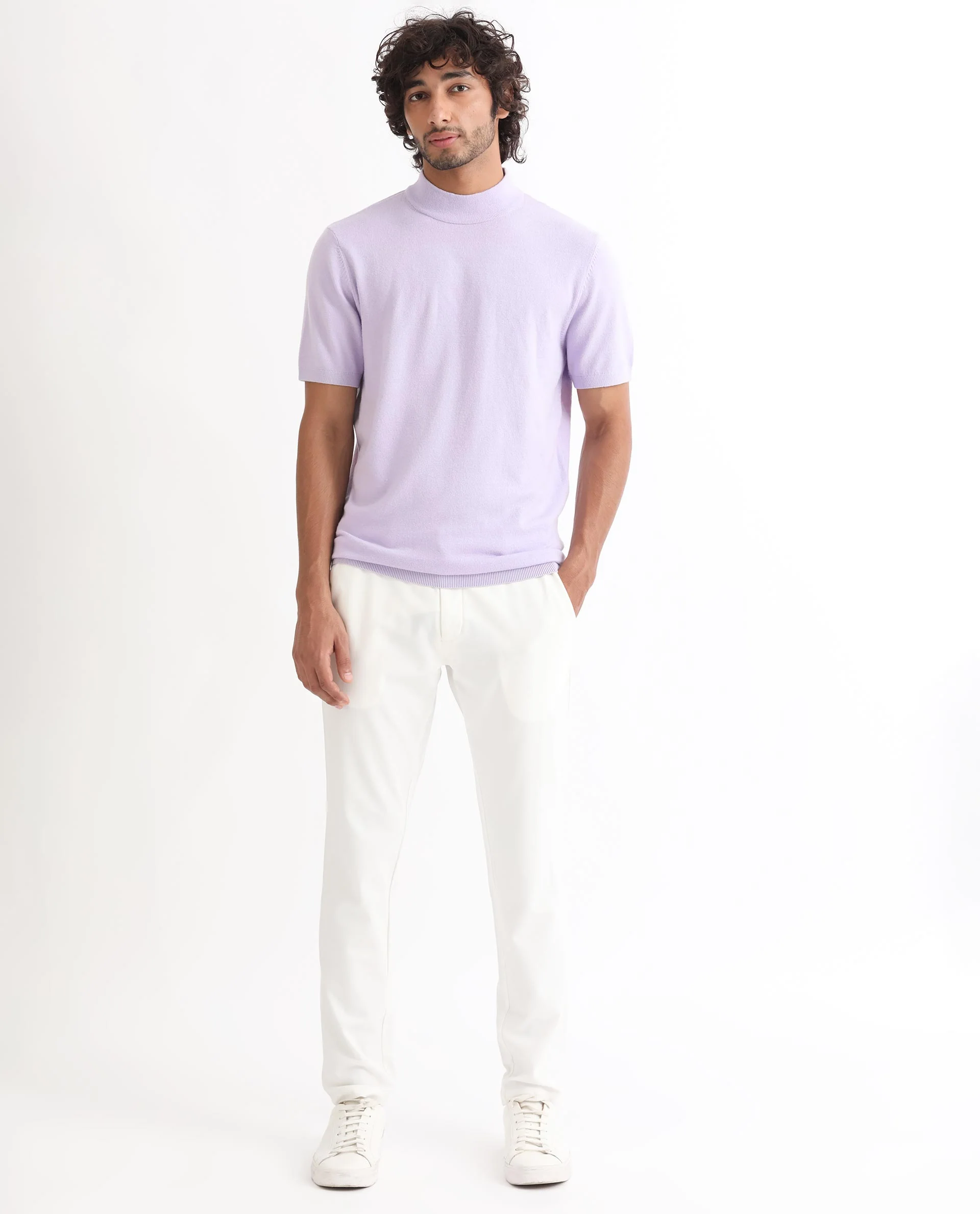 Rare Rabbit Men's Alfet Pastel Purple Viscose Plain Slim Fit Half Sleeve High Neck T-Shirt - Image 5