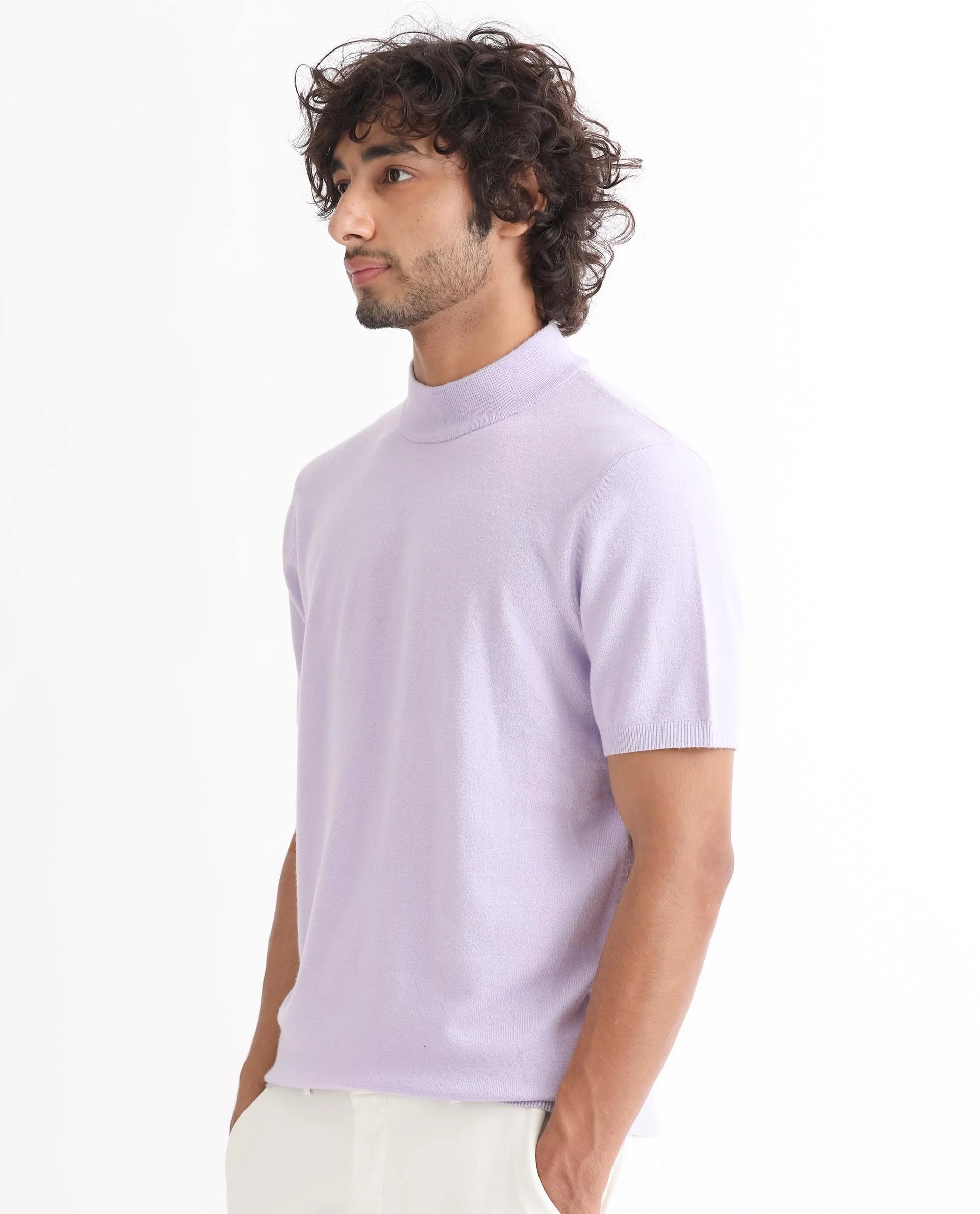 Rare Rabbit Men's Alfet Pastel Purple Viscose Plain Slim Fit Half Sleeve High Neck T-Shirt - Image 6
