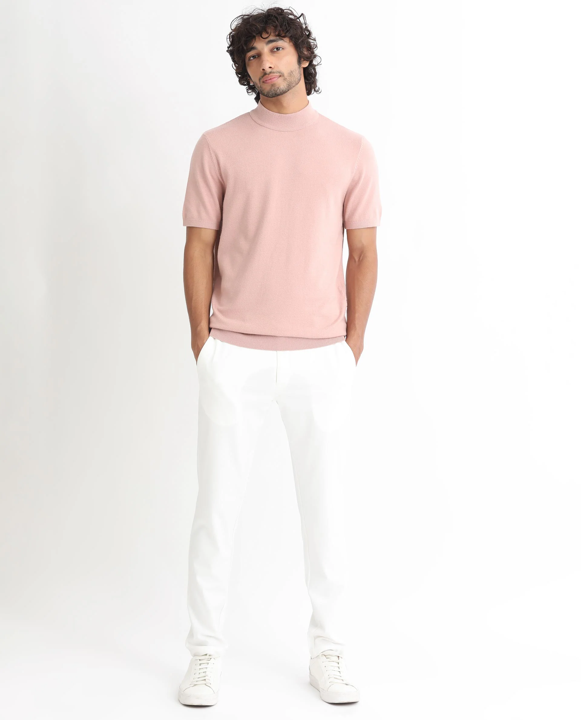 Rare Rabbit Men's Alfet Peach Viscose Plain Slim Fit Half Sleeve High Neck T-Shirt - Image 10