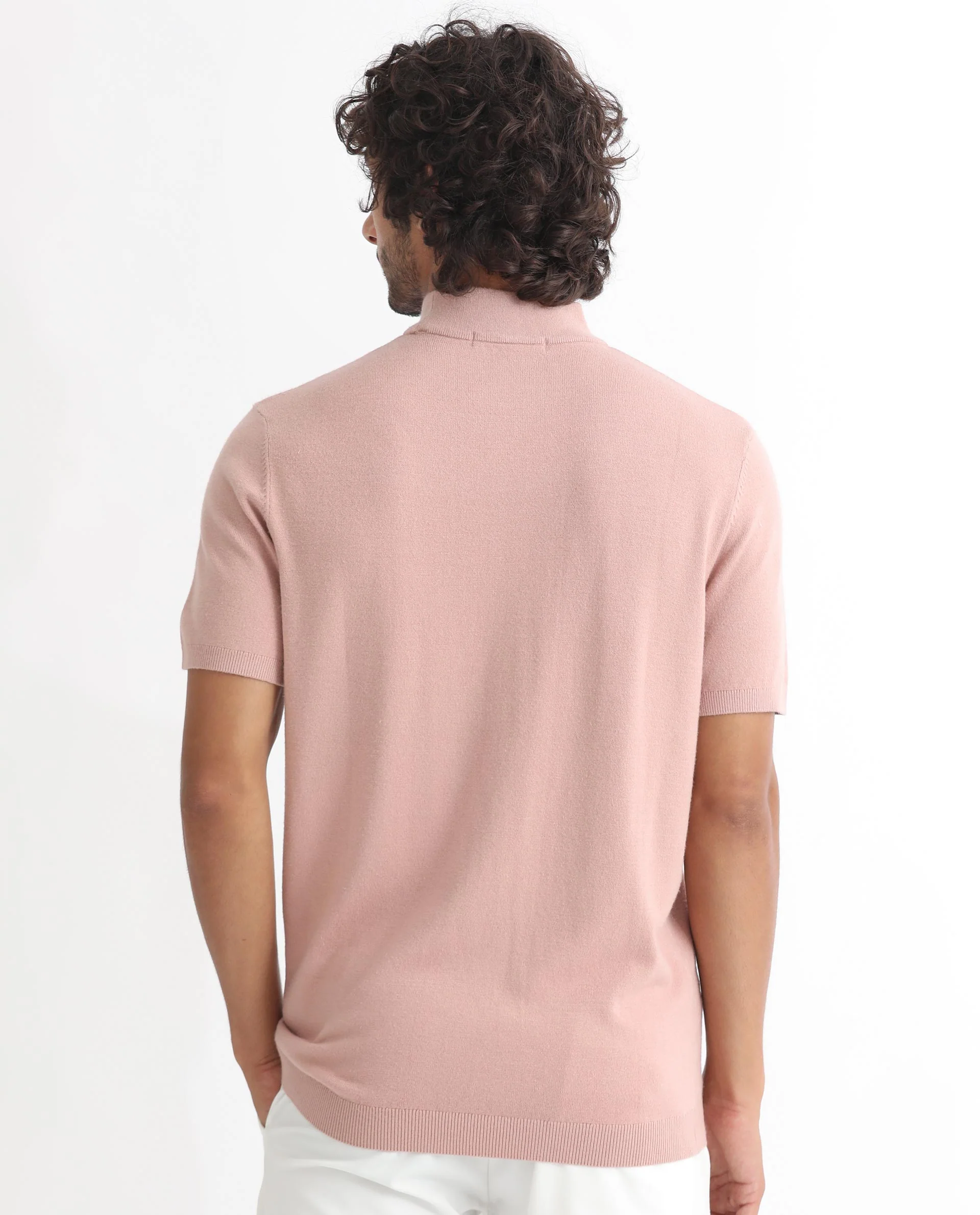 Rare Rabbit Men's Alfet Peach Viscose Plain Slim Fit Half Sleeve High Neck T-Shirt - Image 11