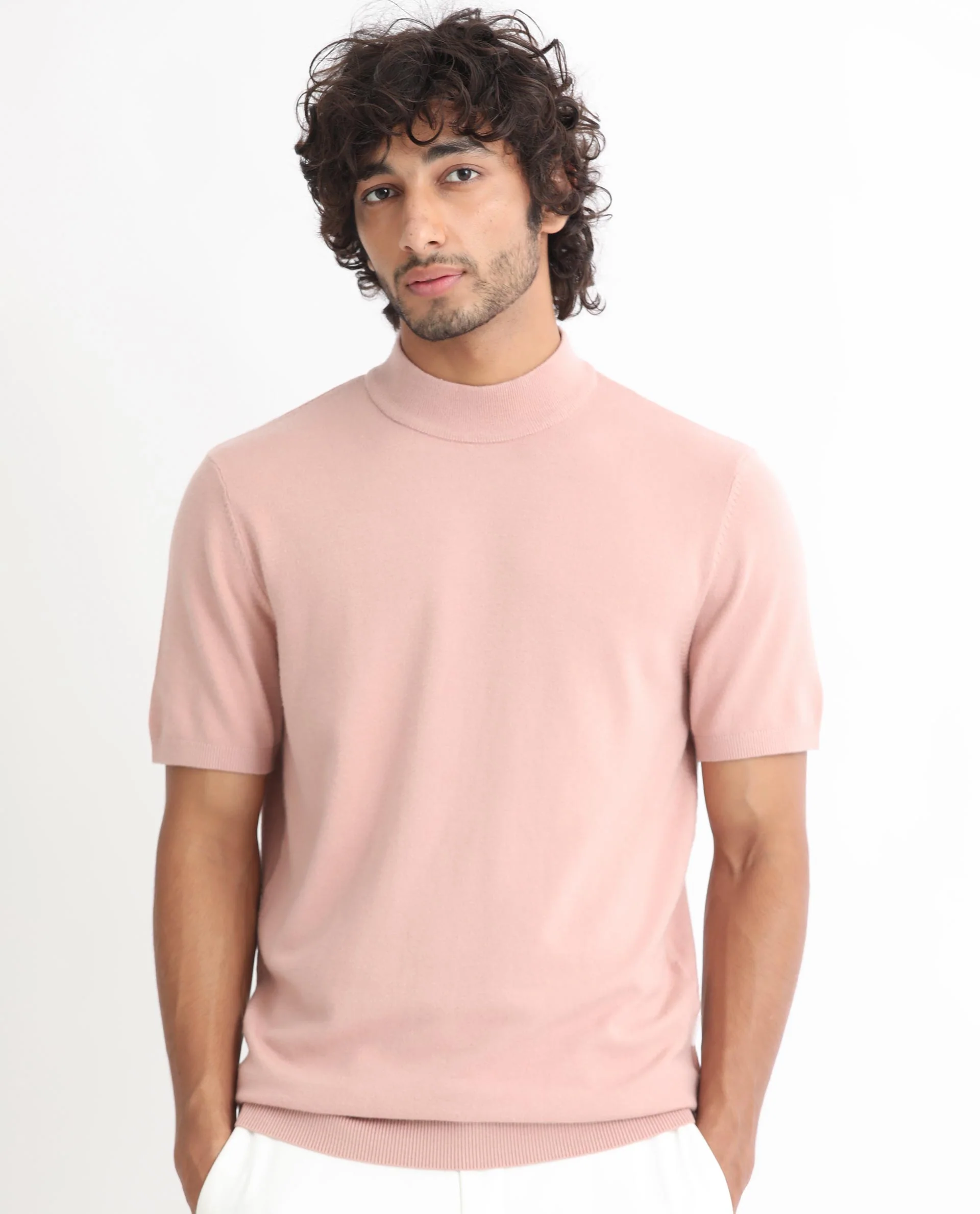 Rare Rabbit Men's Alfet Peach Viscose Plain Slim Fit Half Sleeve High Neck T-Shirt - Image 2