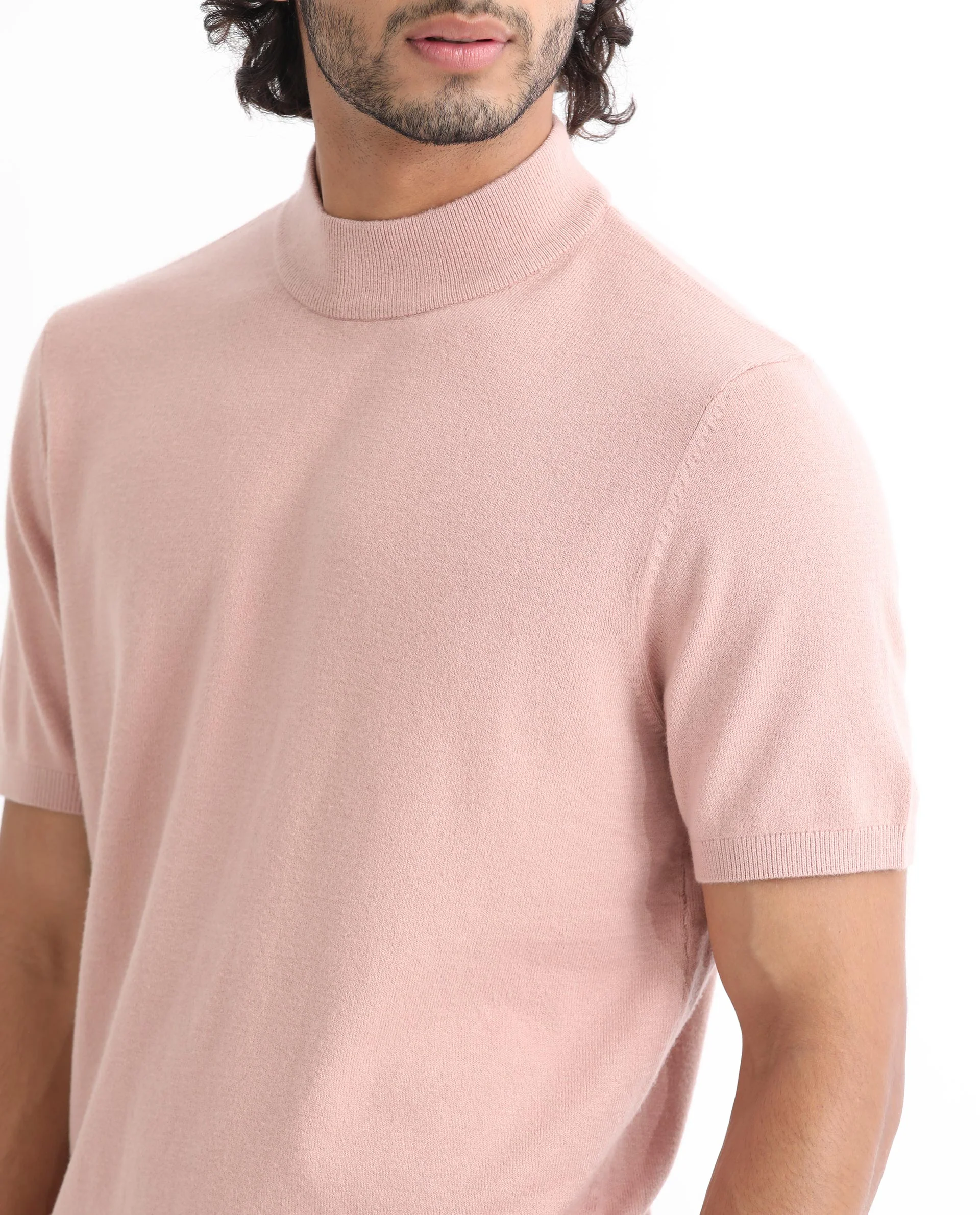 Rare Rabbit Men's Alfet Peach Viscose Plain Slim Fit Half Sleeve High Neck T-Shirt - Image 3