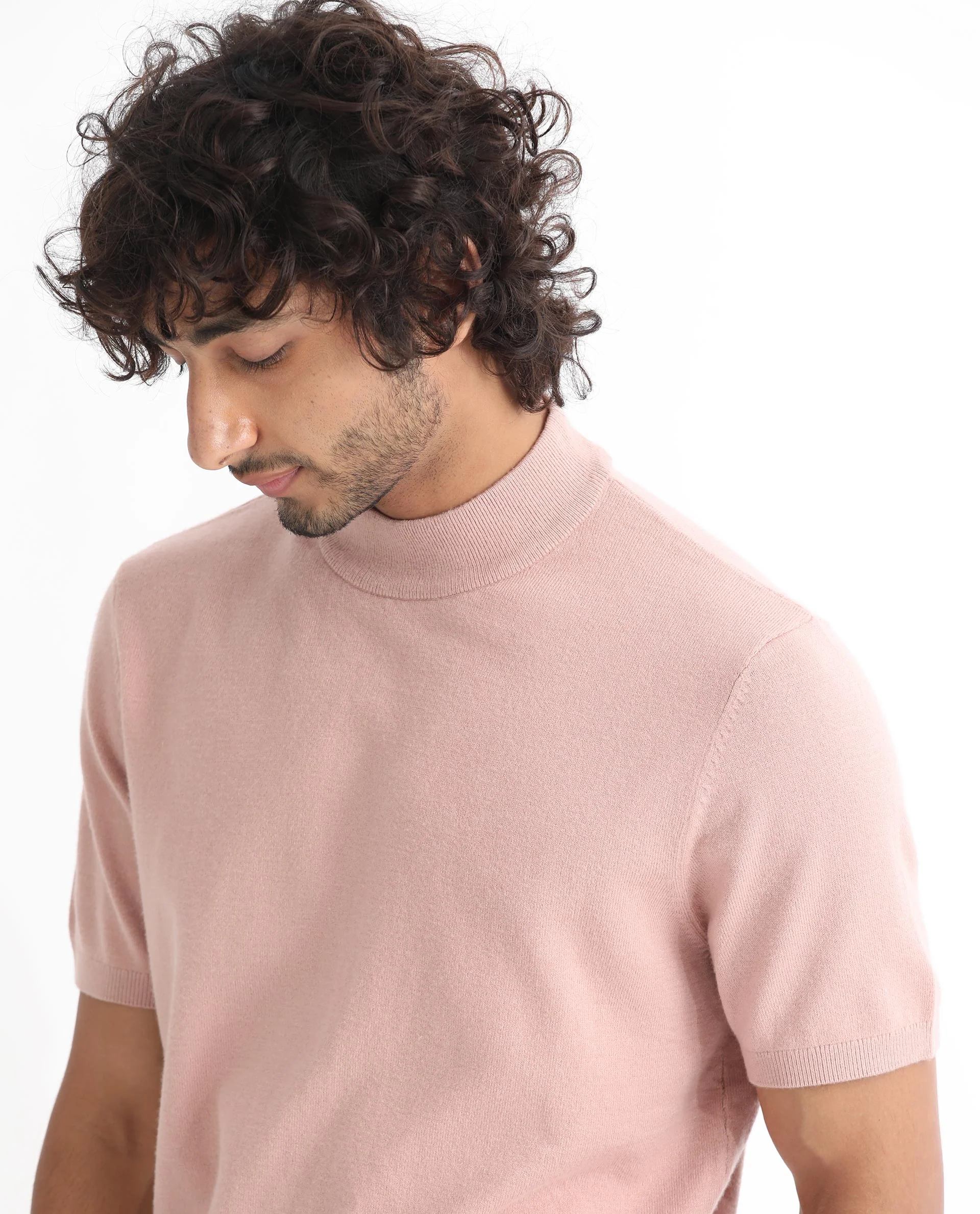 Rare Rabbit Men's Alfet Peach Viscose Plain Slim Fit Half Sleeve High Neck T-Shirt - Image 4