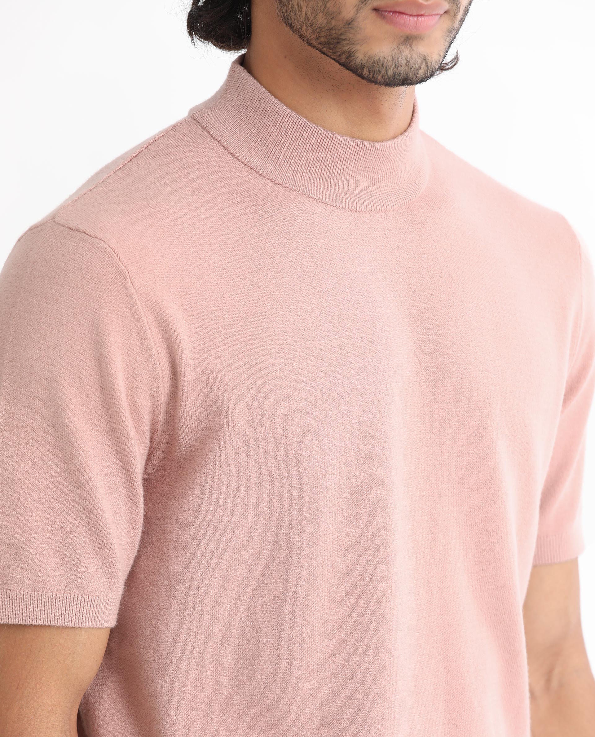 Rare Rabbit Men's Alfet Peach Viscose Plain Slim Fit Half Sleeve High Neck T-Shirt - Image 5