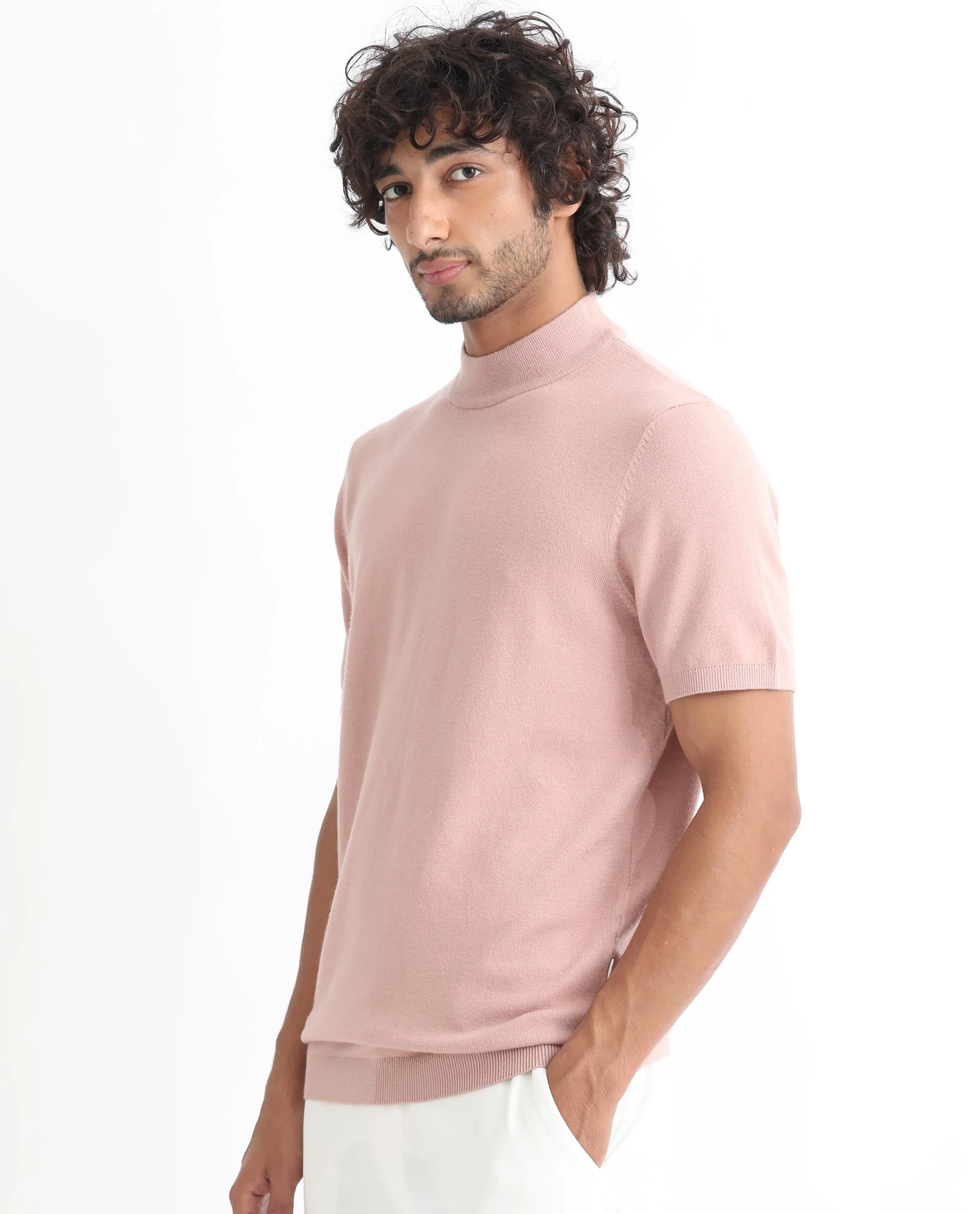 Rare Rabbit Men's Alfet Peach Viscose Plain Slim Fit Half Sleeve High Neck T-Shirt - Image 6