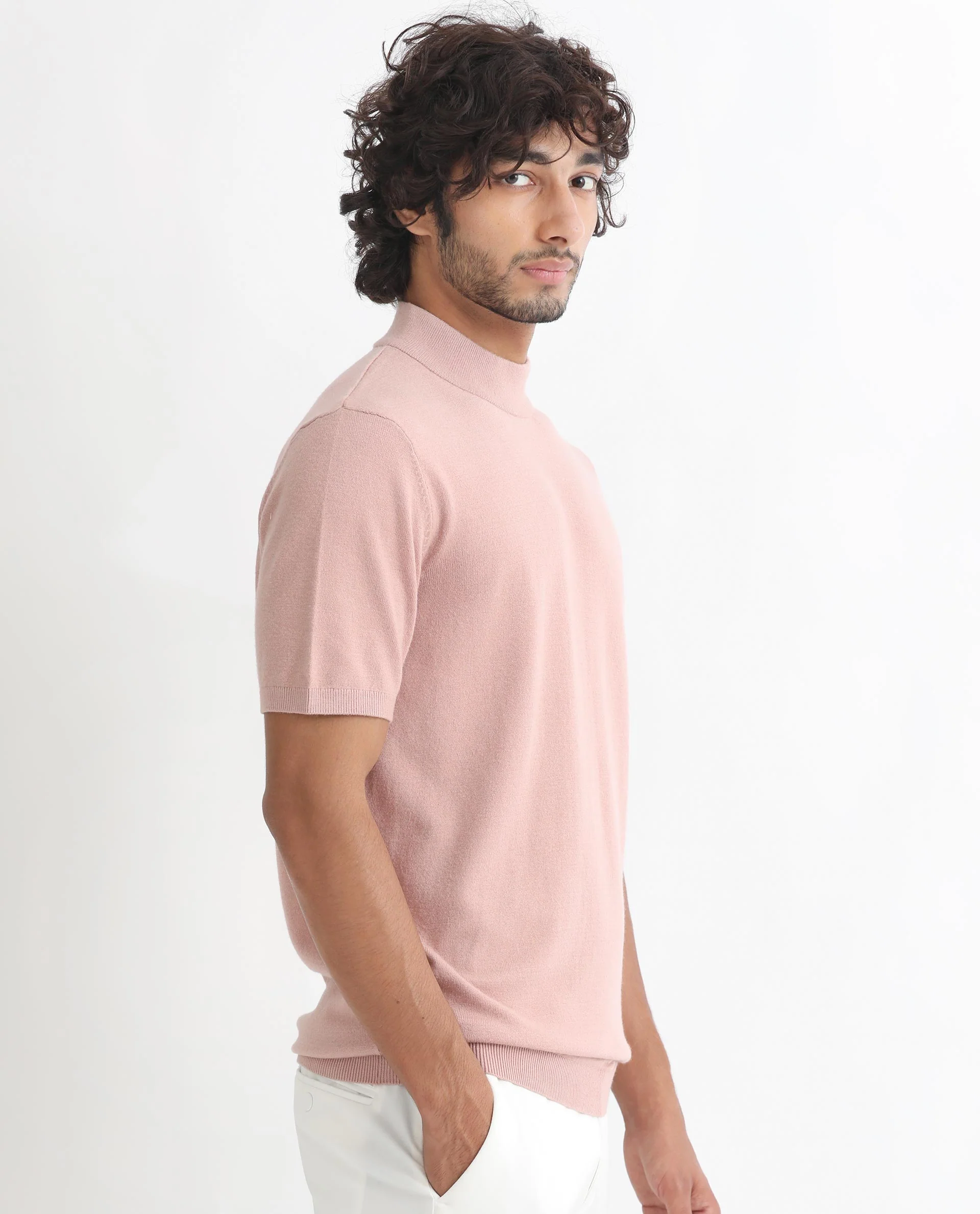 Rare Rabbit Men's Alfet Peach Viscose Plain Slim Fit Half Sleeve High Neck T-Shirt - Image 7