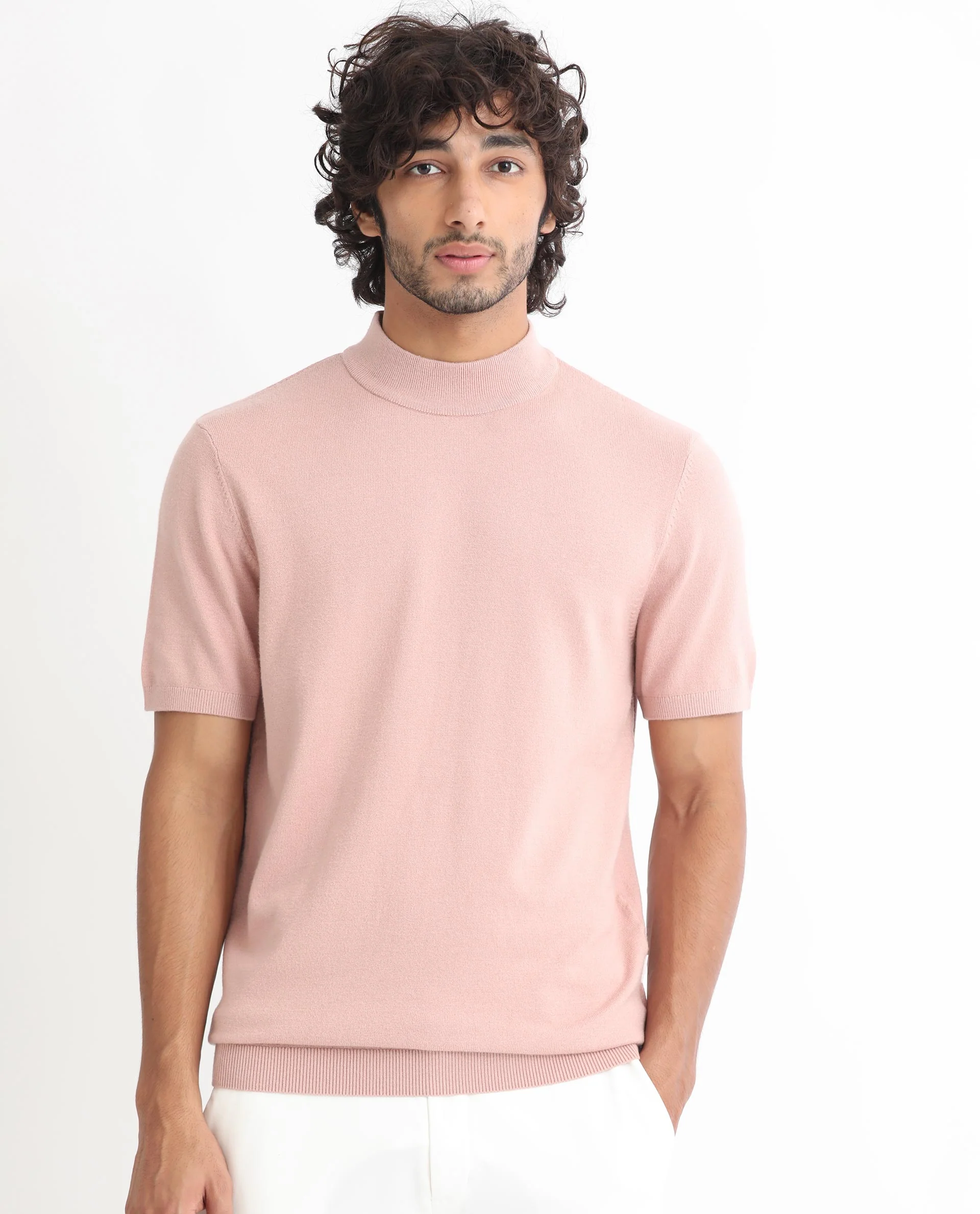 Rare Rabbit Men's Alfet Peach Viscose Plain Slim Fit Half Sleeve High Neck T-Shirt - Image 8