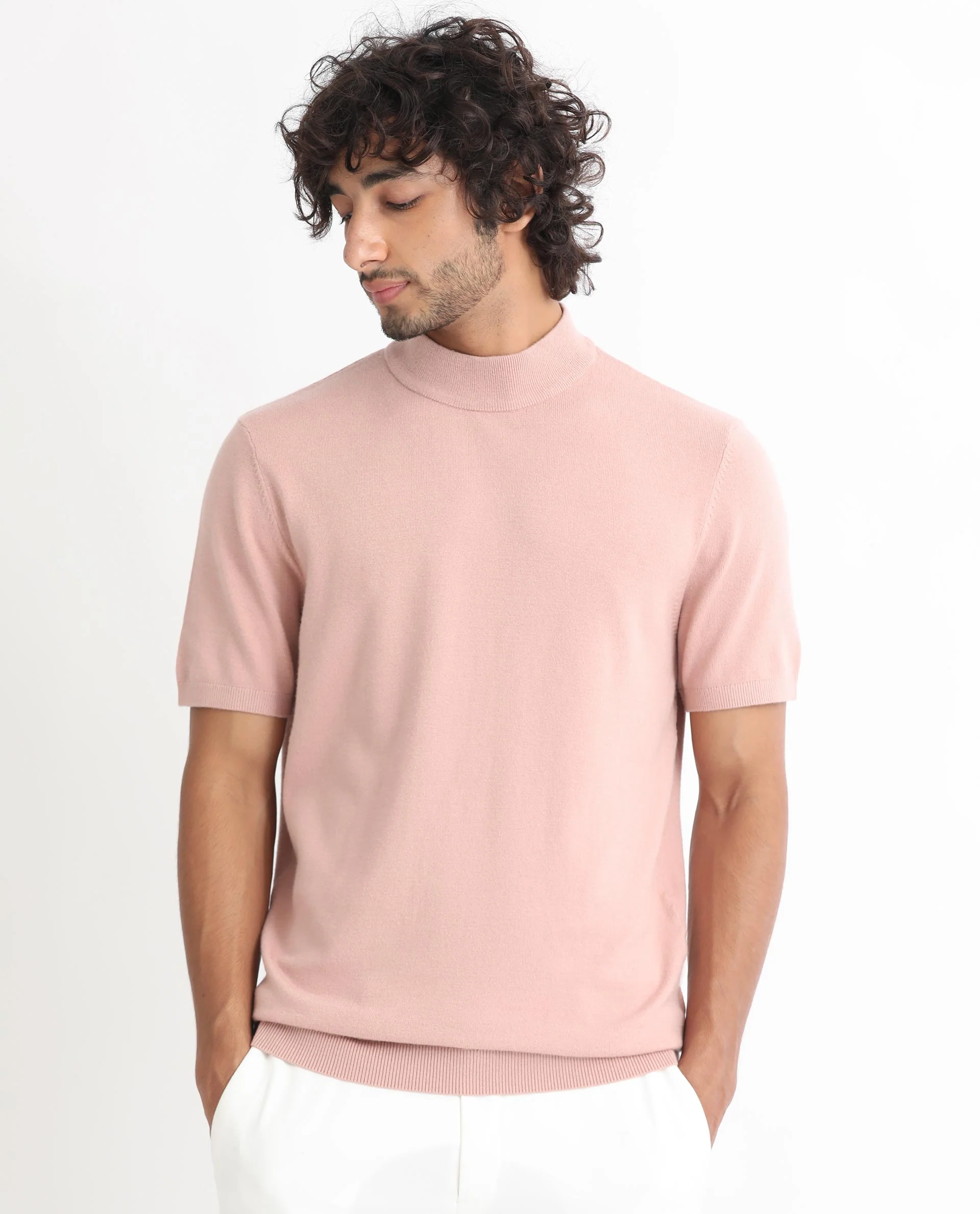 Rare Rabbit Men's Alfet Peach Viscose Plain Slim Fit Half Sleeve High Neck T-Shirt - Image 9