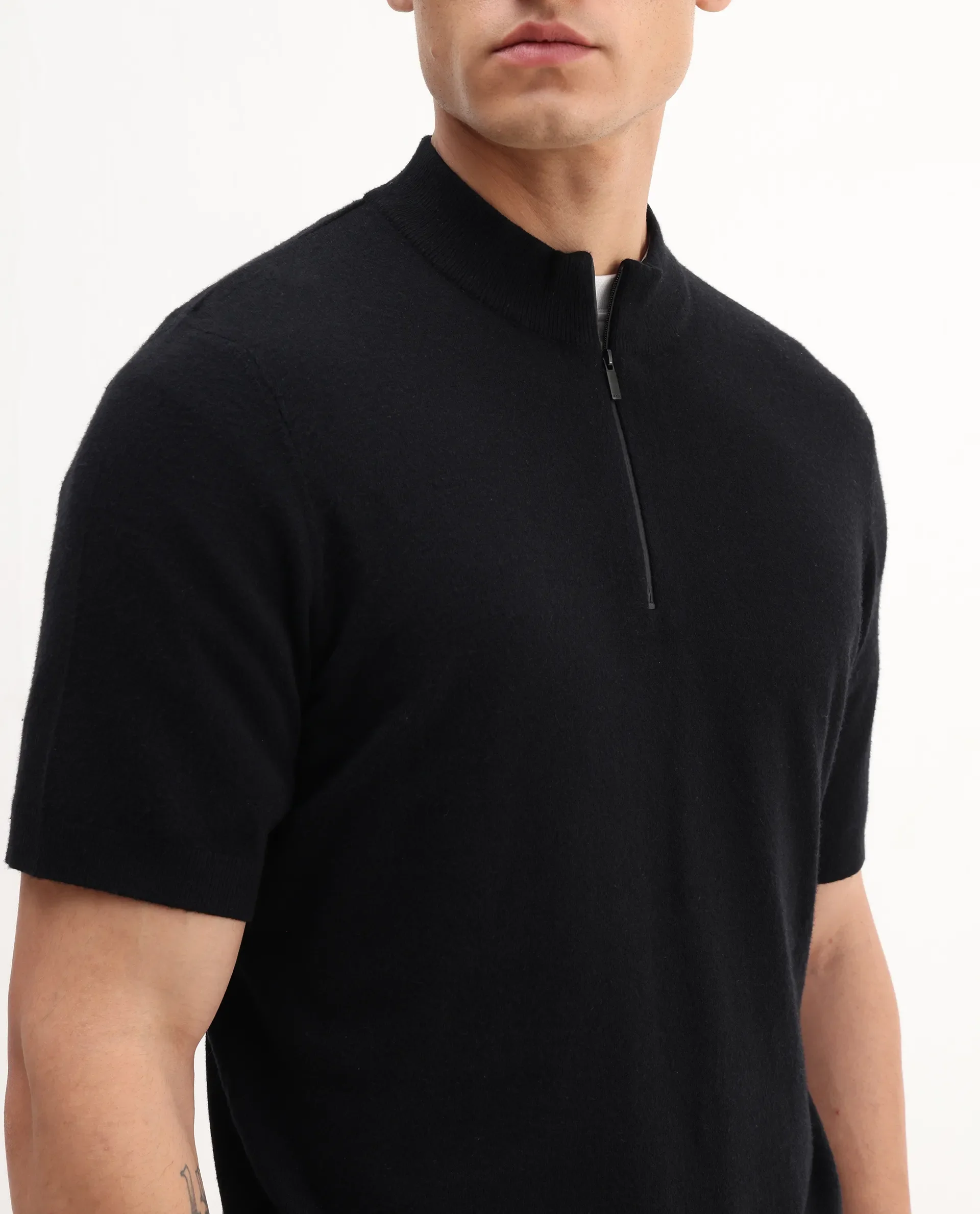 Rare Rabbit Men's Alfeto-25 Black Viscose Plain Regular Fit Half Sleeve High Neck Polo - Image 3