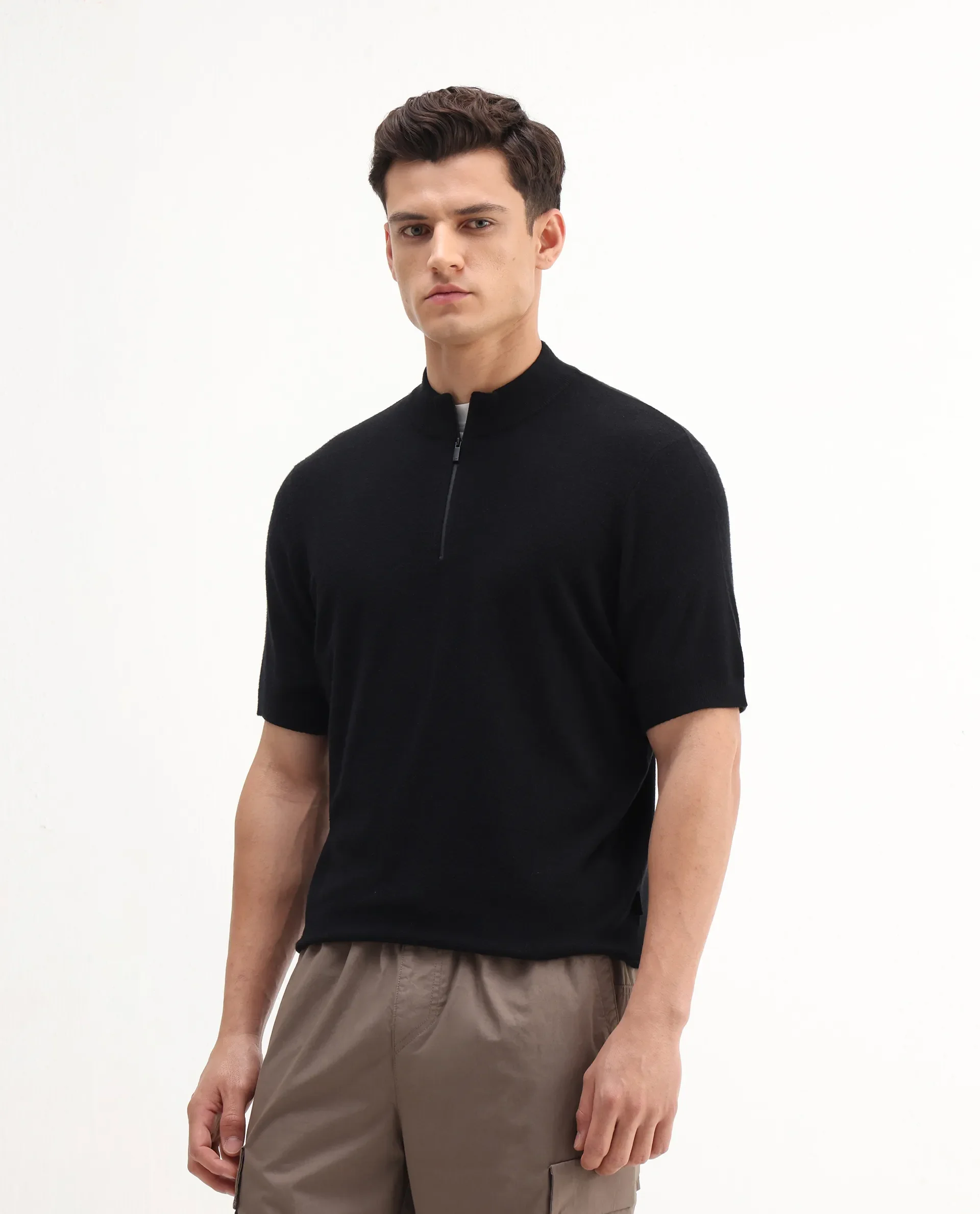 Rare Rabbit Men's Alfeto-25 Black Viscose Plain Regular Fit Half Sleeve High Neck Polo - Image 4