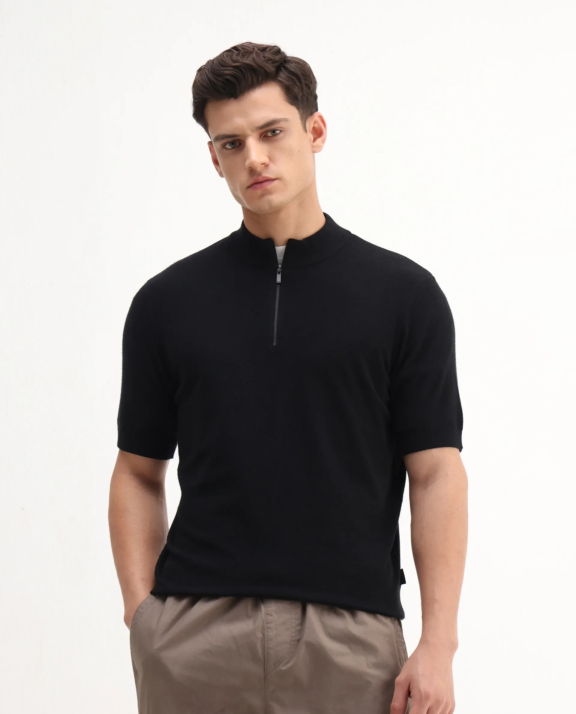 Rare Rabbit Men's Alfeto-25 Black Viscose Plain Regular Fit Half Sleeve High Neck Polo - Image 5