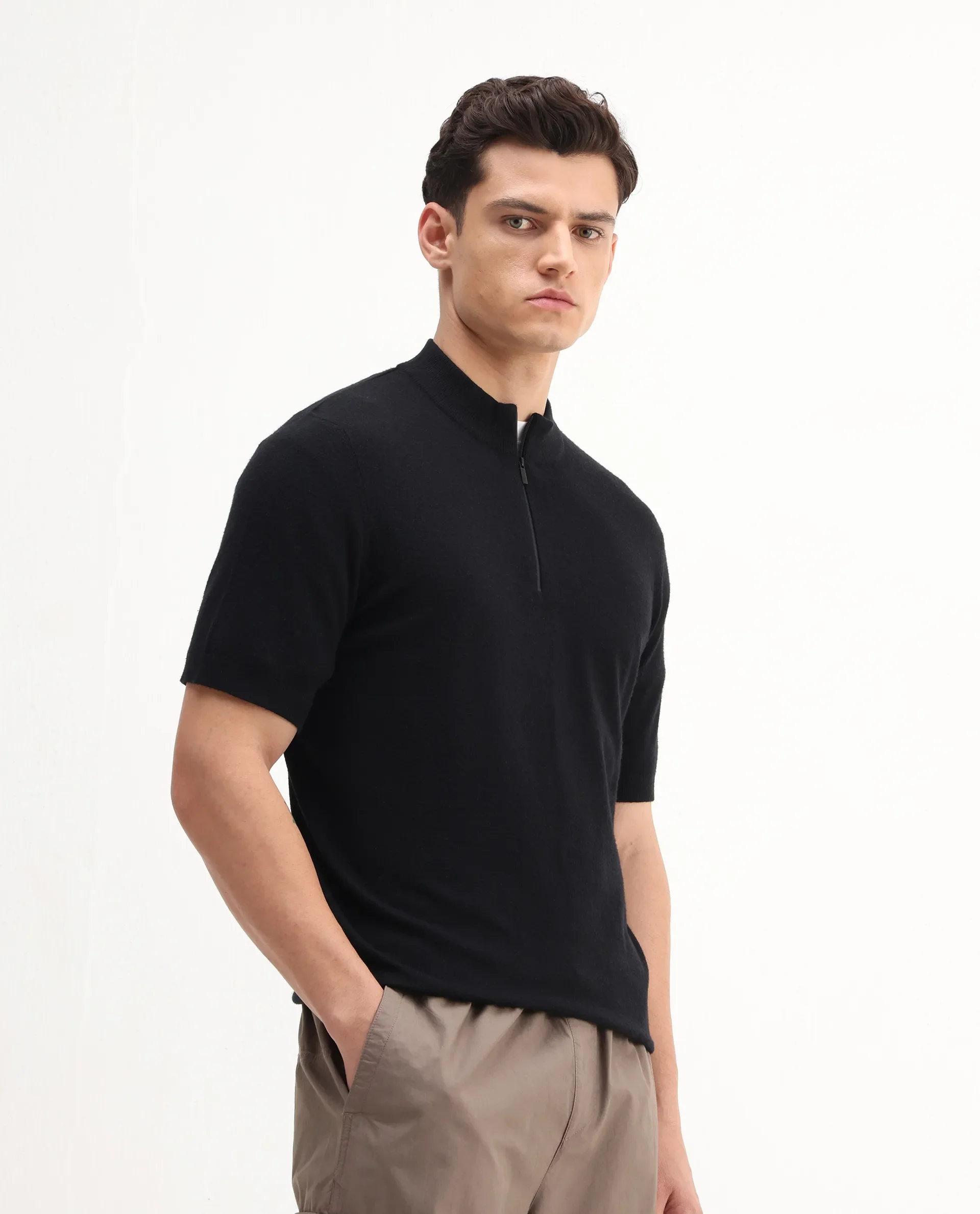 Rare Rabbit Men's Alfeto-25 Black Viscose Plain Regular Fit Half Sleeve High Neck Polo - Image 6