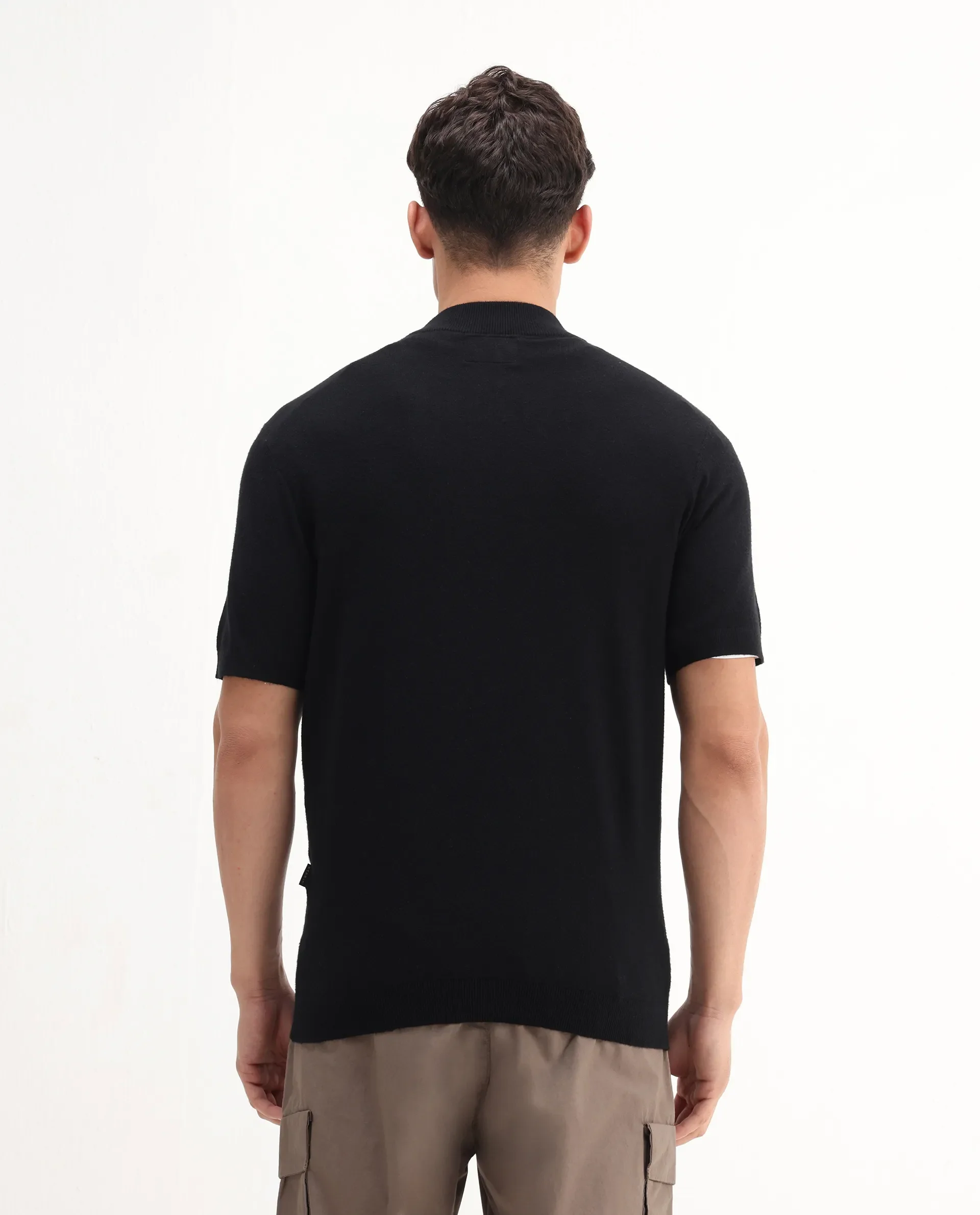 Rare Rabbit Men's Alfeto-25 Black Viscose Plain Regular Fit Half Sleeve High Neck Polo - Image 7