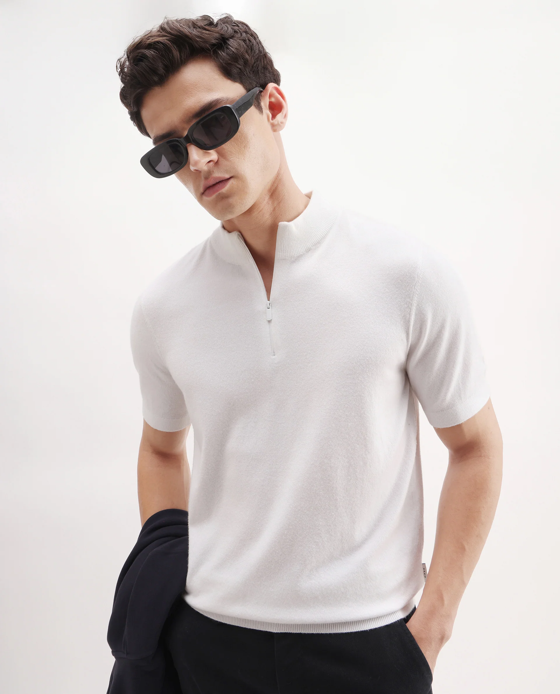 Rare Rabbit Men's Alfeto-25 Off White Viscose Plain Regular Fit Half Sleeve High Neck Polo