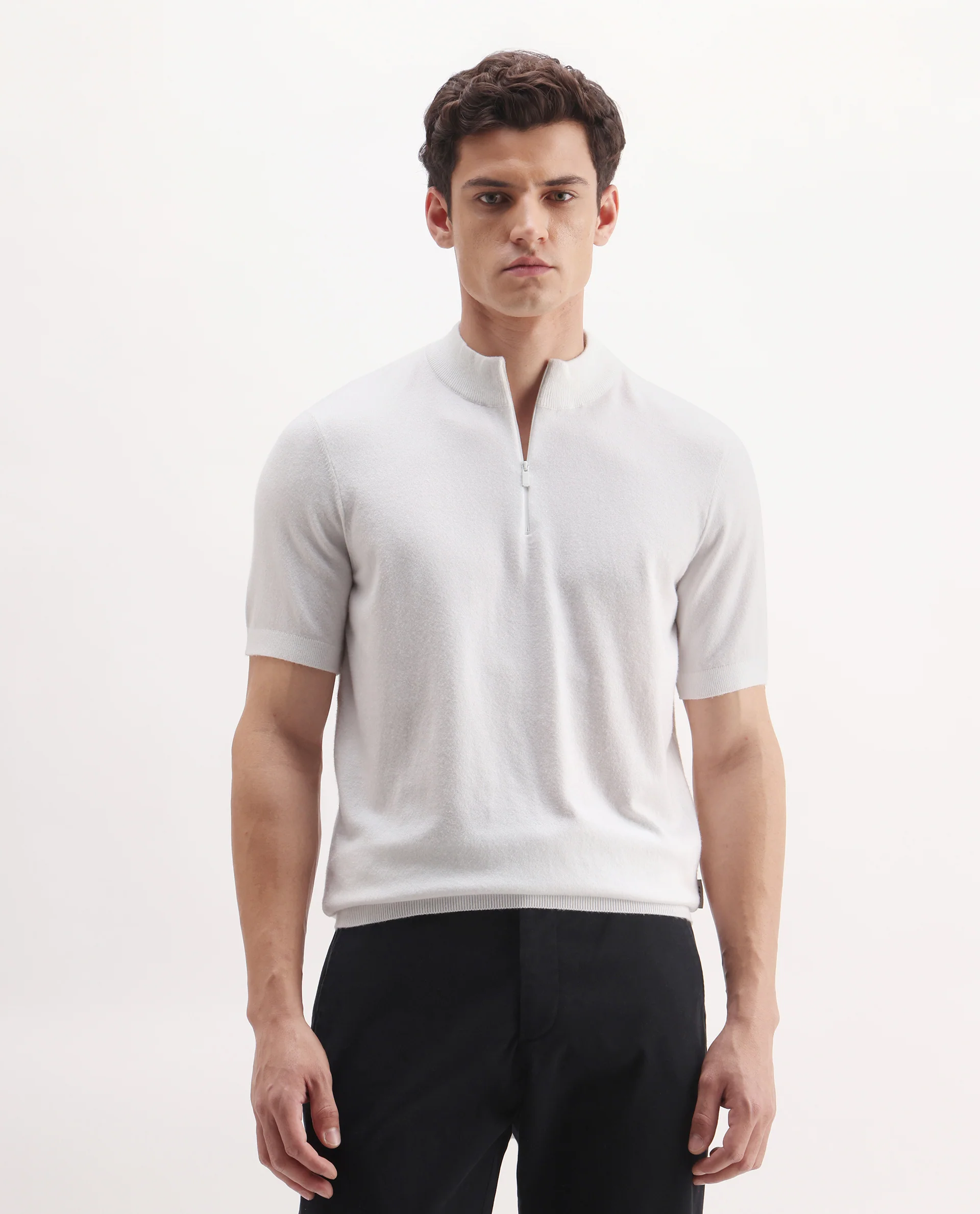 Rare Rabbit Men's Alfeto-25 Off White Viscose Plain Regular Fit Half Sleeve High Neck Polo - Image 4