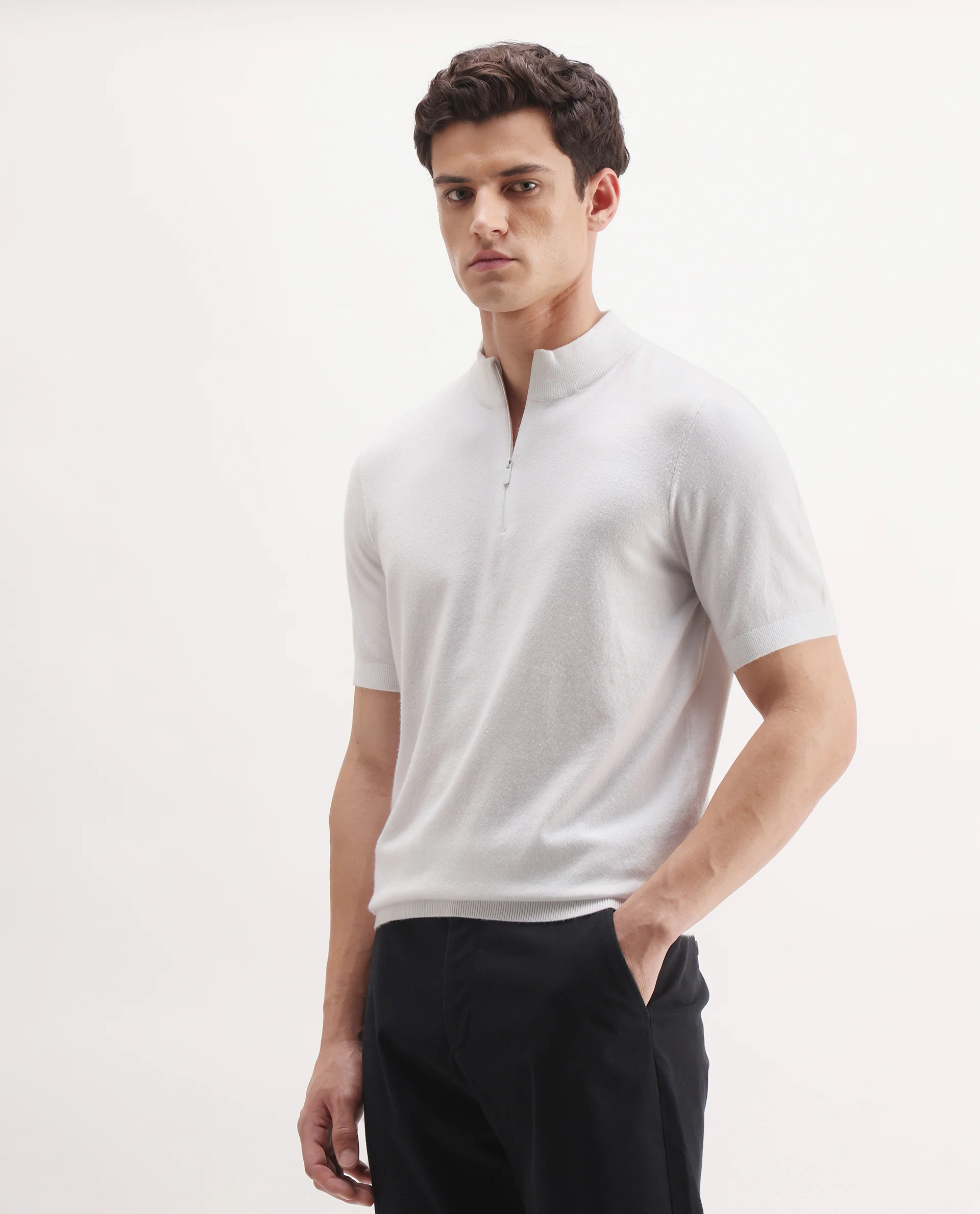 Rare Rabbit Men's Alfeto-25 Off White Viscose Plain Regular Fit Half Sleeve High Neck Polo - Image 5
