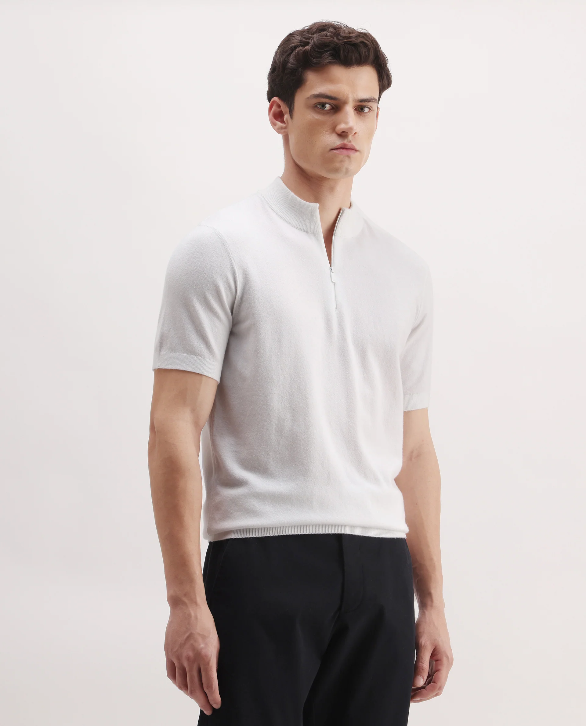 Rare Rabbit Men's Alfeto-25 Off White Viscose Plain Regular Fit Half Sleeve High Neck Polo - Image 6