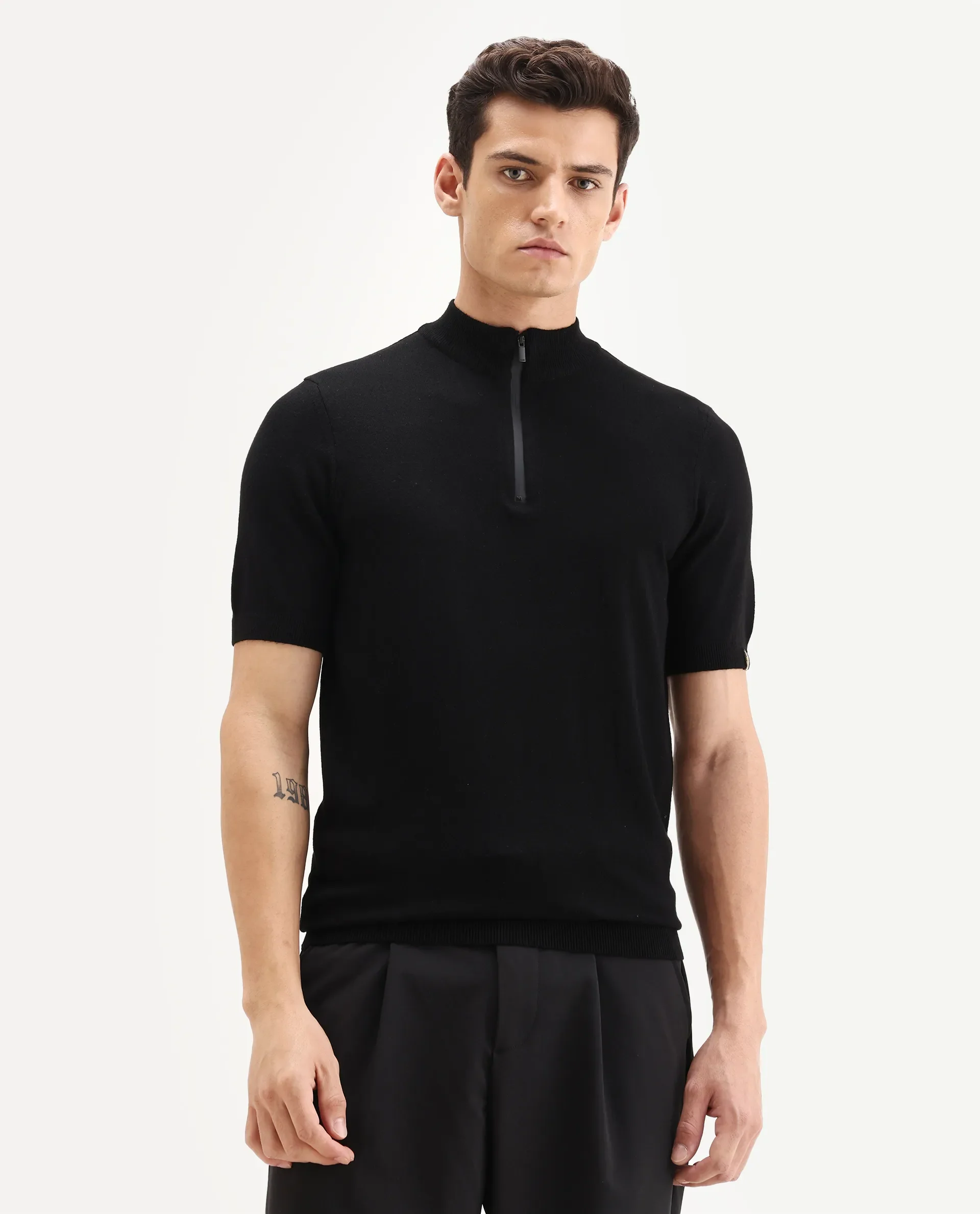 Rare Rabbit Men's Alfeto Black Viscose Plain Regular Fit Half Sleeve Polo - Image 5