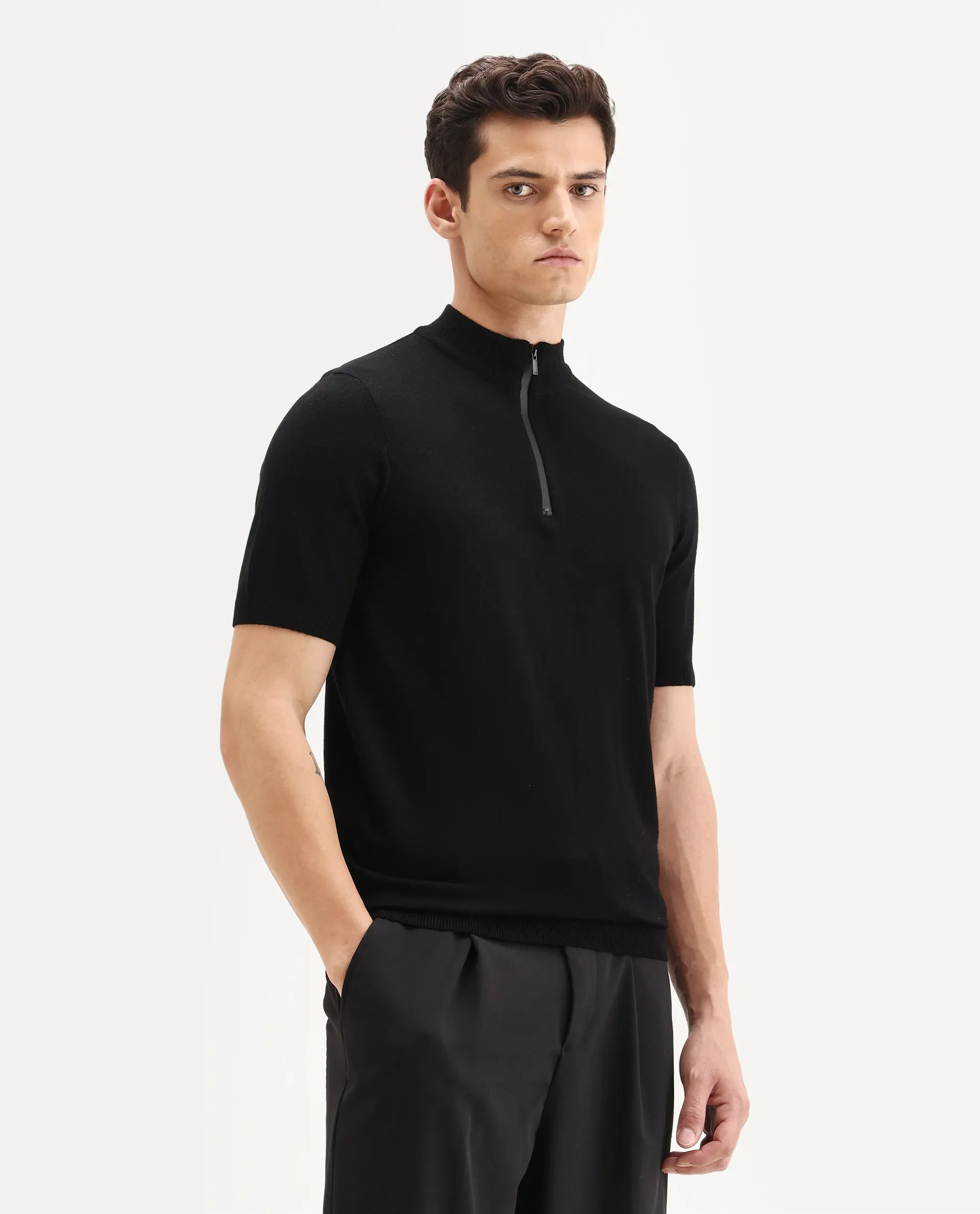 Rare Rabbit Men's Alfeto Black Viscose Plain Regular Fit Half Sleeve Polo - Image 6