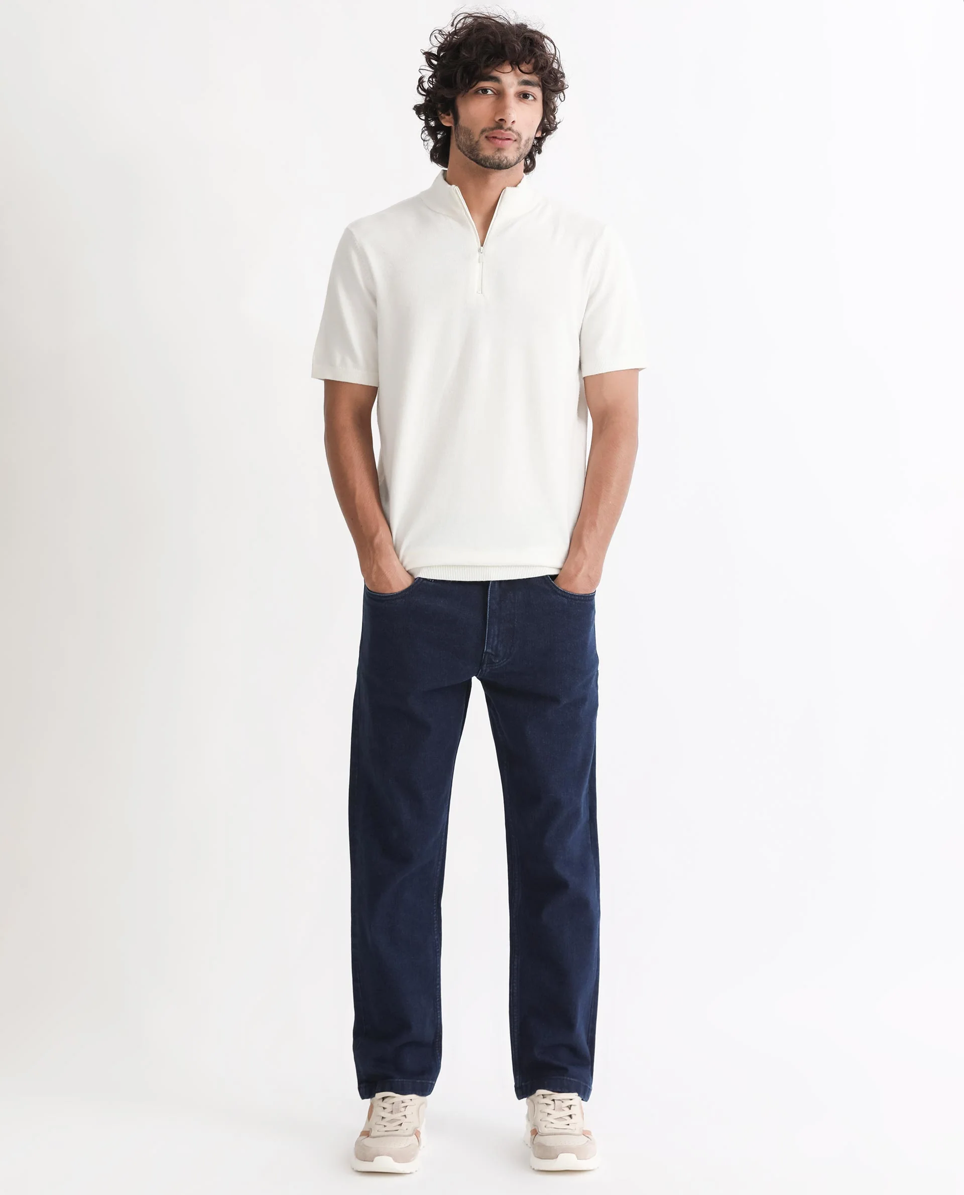 Rare Rabbit Men's Alfet Z White Viscose Plain Slim Fit Half Sleeve High Neck T-Shirt - Image 2