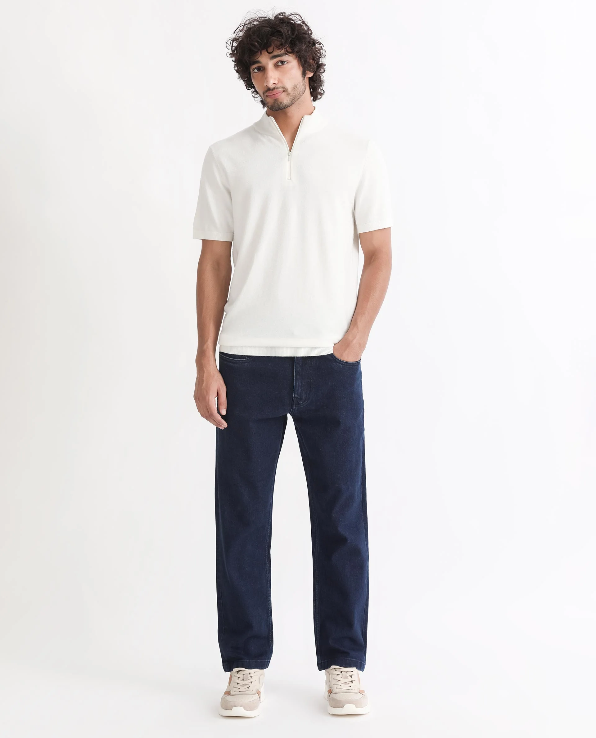 Rare Rabbit Men's Alfet Z White Viscose Plain Slim Fit Half Sleeve High Neck T-Shirt - Image 4