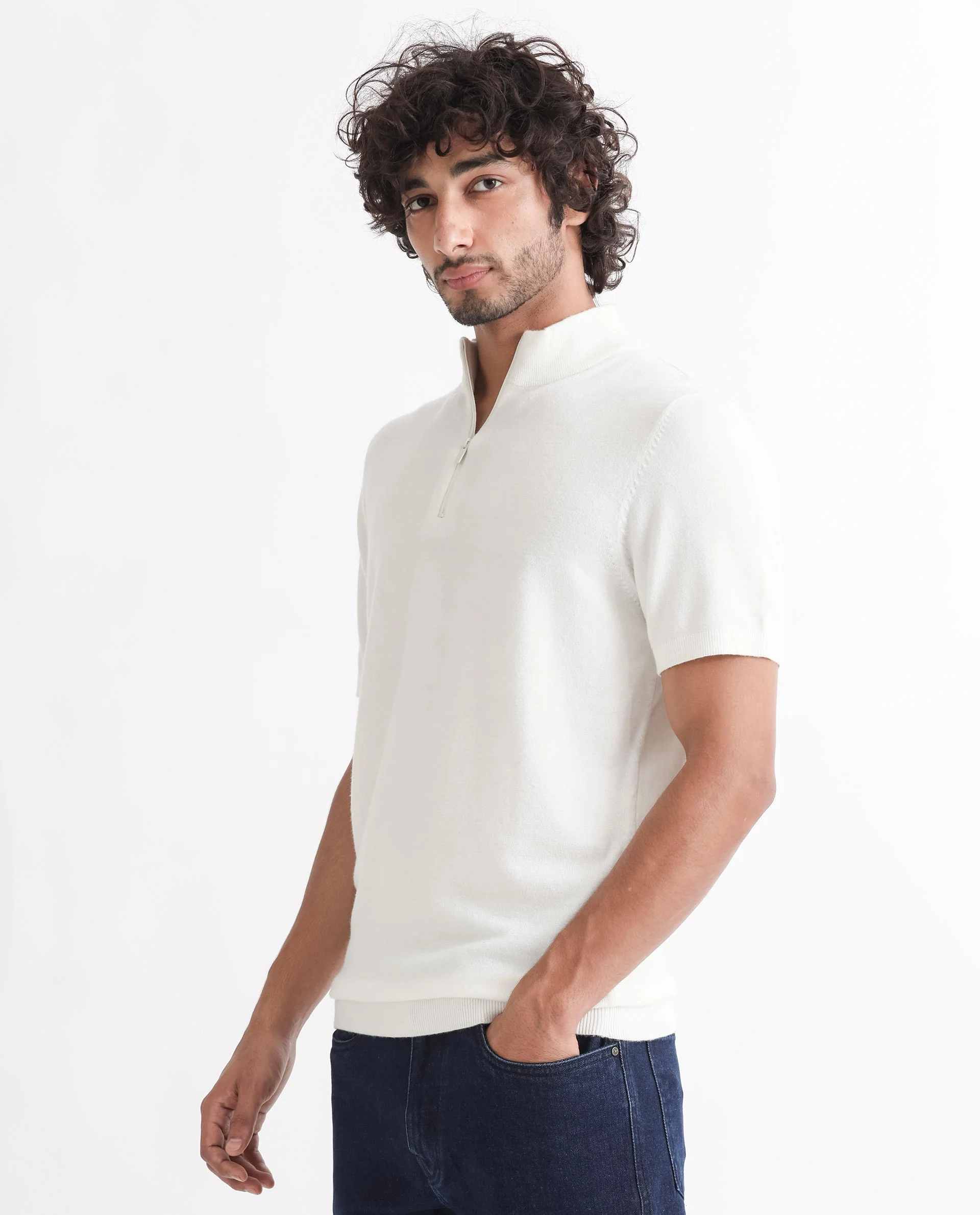 Rare Rabbit Men's Alfet Z White Viscose Plain Slim Fit Half Sleeve High Neck T-Shirt - Image 5