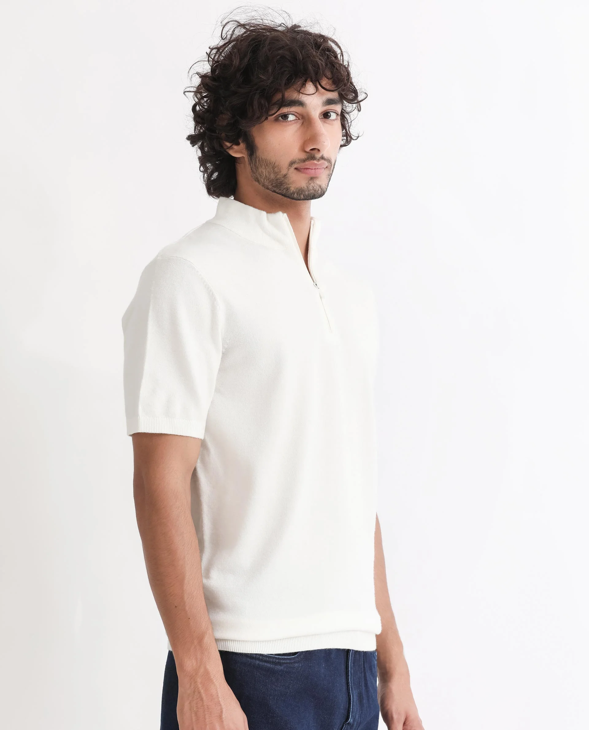 Rare Rabbit Men's Alfet Z White Viscose Plain Slim Fit Half Sleeve High Neck T-Shirt - Image 6