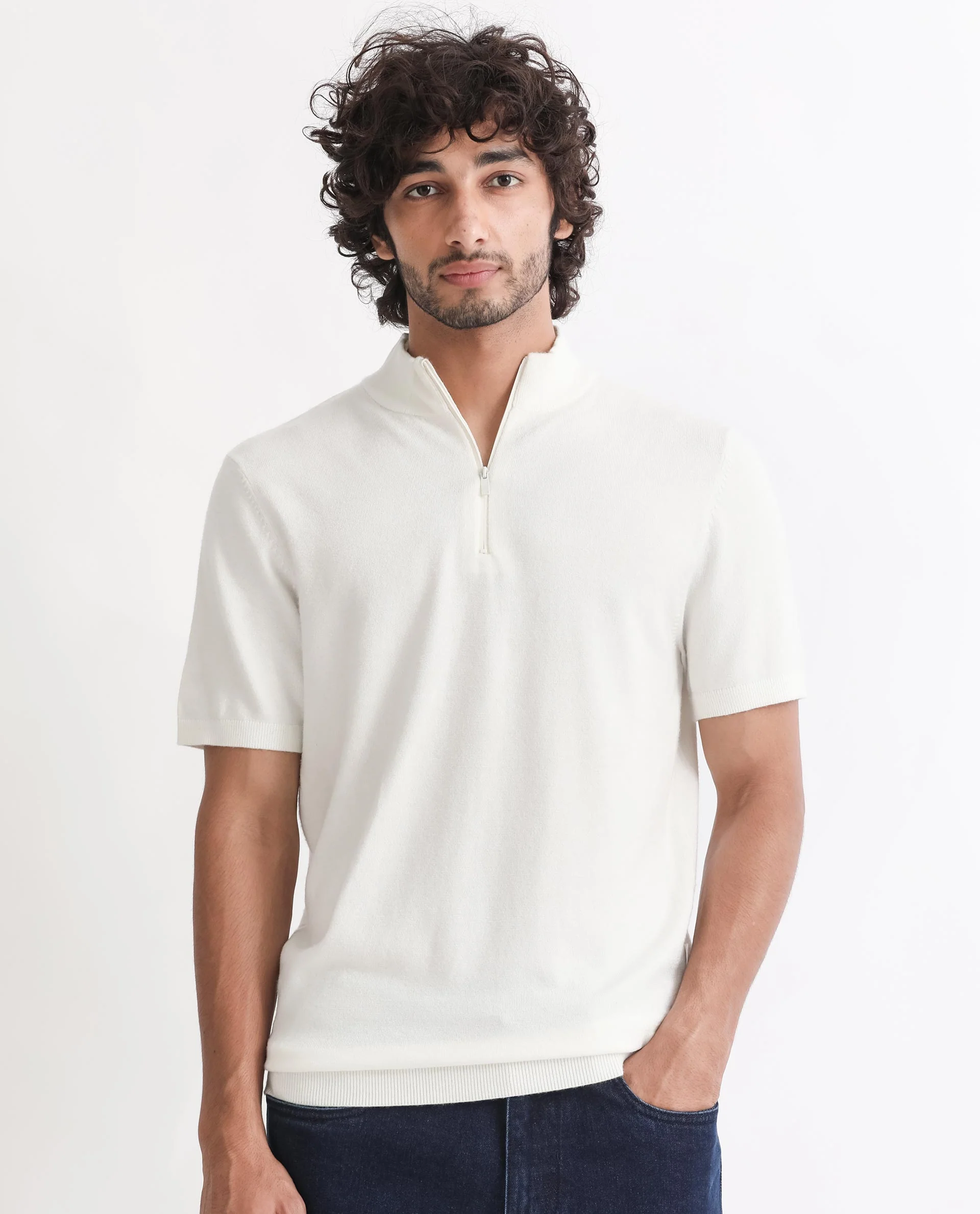 Rare Rabbit Men's Alfet Z White Viscose Plain Slim Fit Half Sleeve High Neck T-Shirt - Image 7