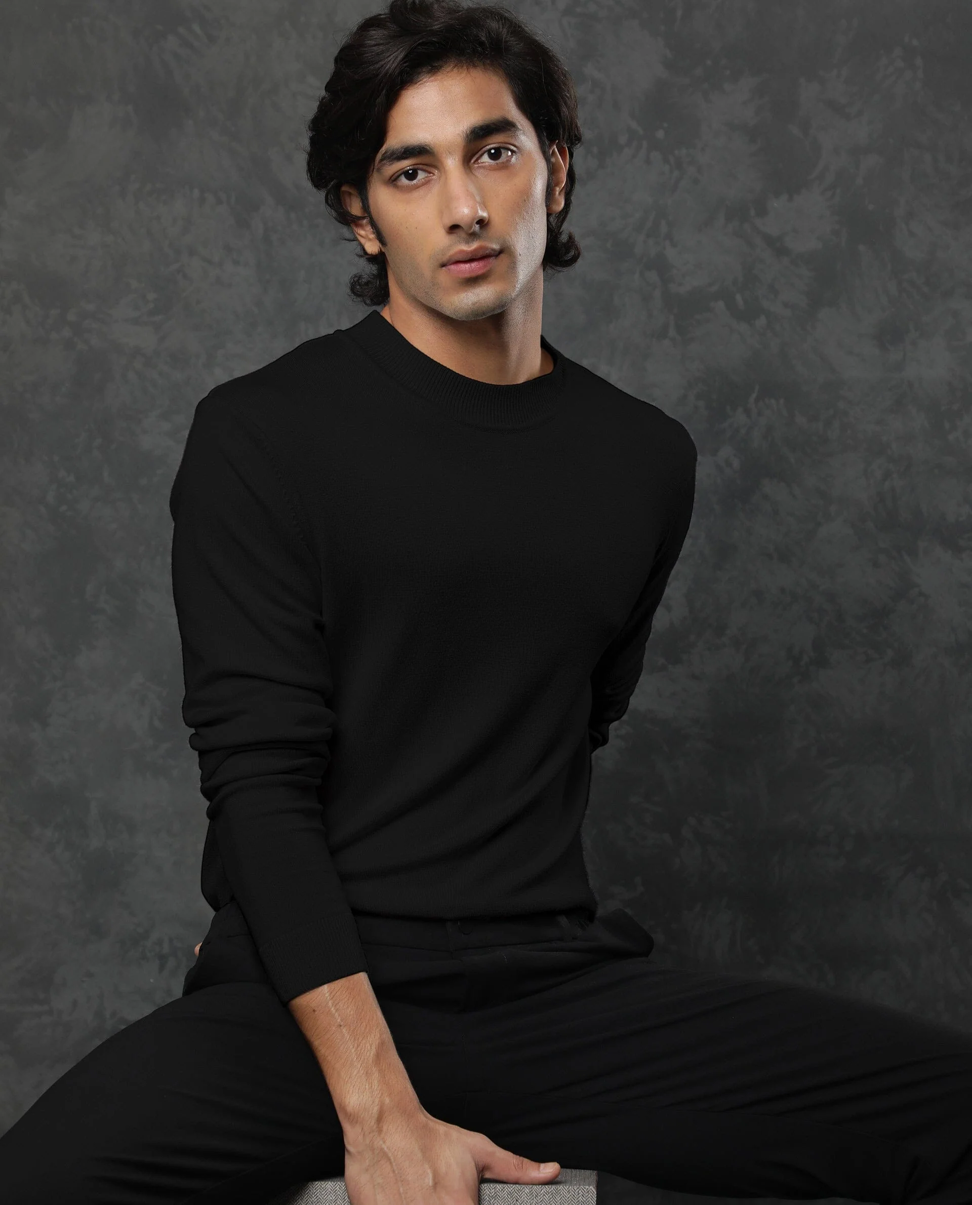 Rare Rabbit Men's Alfo Black Plain Slim Fit Full Sleeve High Neck Sweater