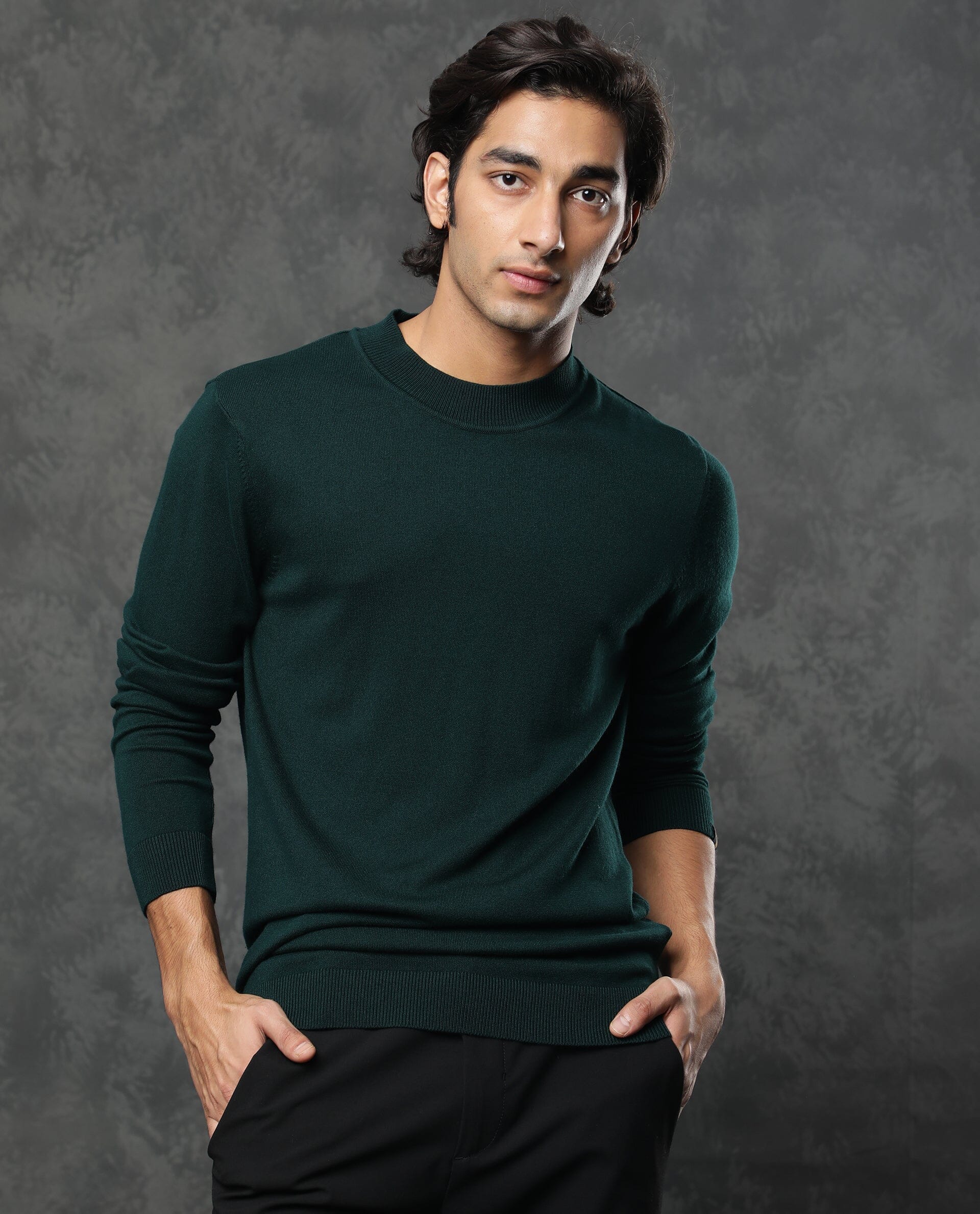 Rare Rabbit Men's Alfo Green Plain Slim Fit Full Sleeve High Neck Sweater