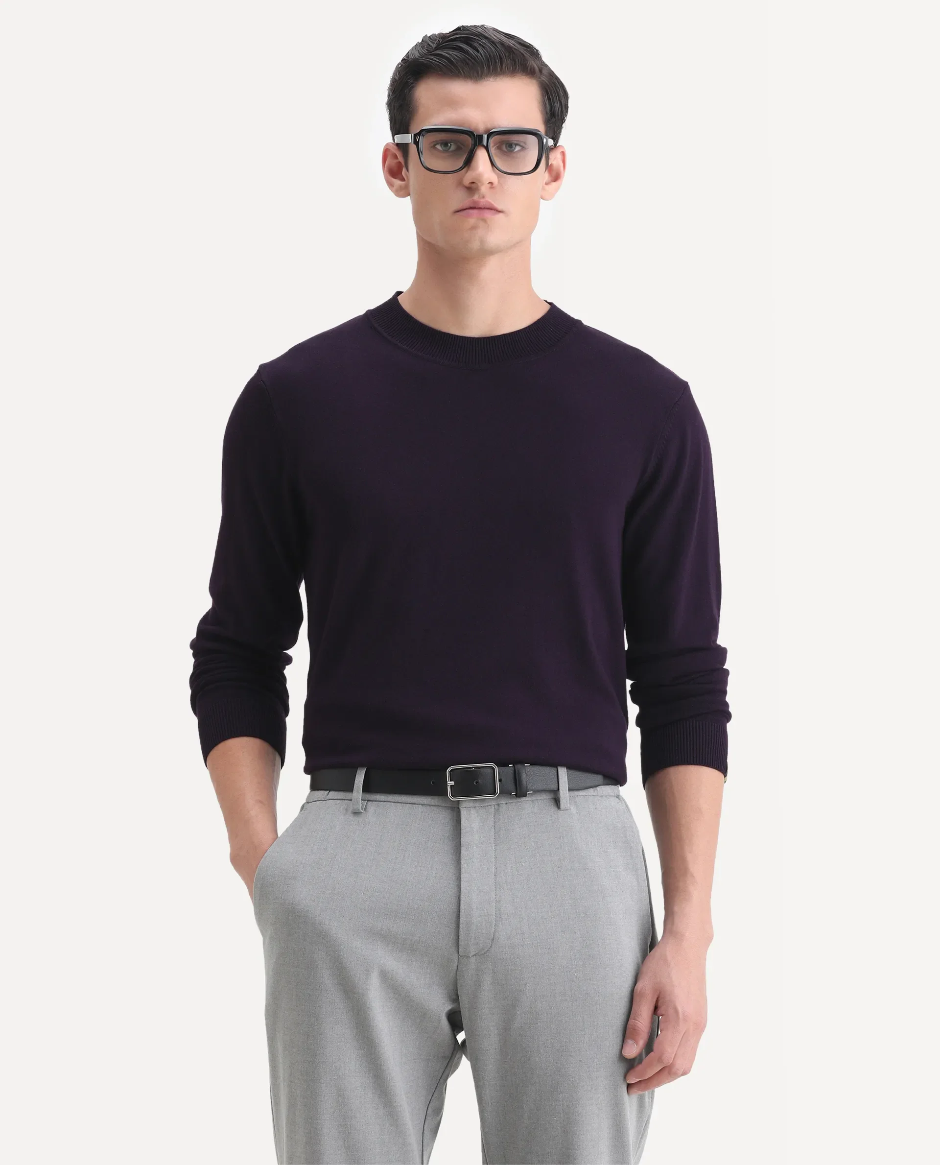 Rare Rabbit Men's Alfo Purple Plain Slim Fit Full Sleeve High Neck Sweater