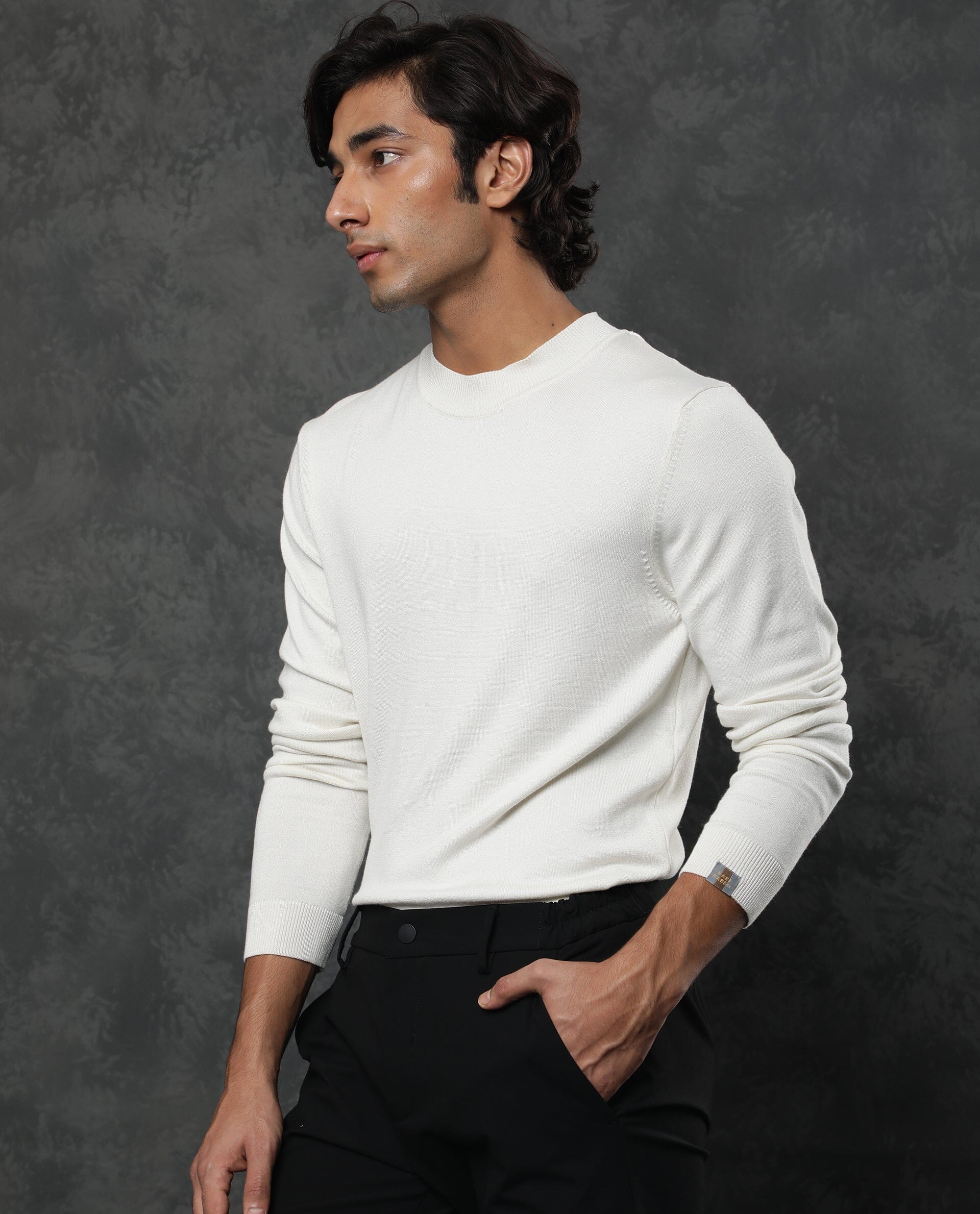 Rare Rabbit Men's Alfo White Viscose Plain Slim Fit Full Sleeve High Neck Sweater - Image 3